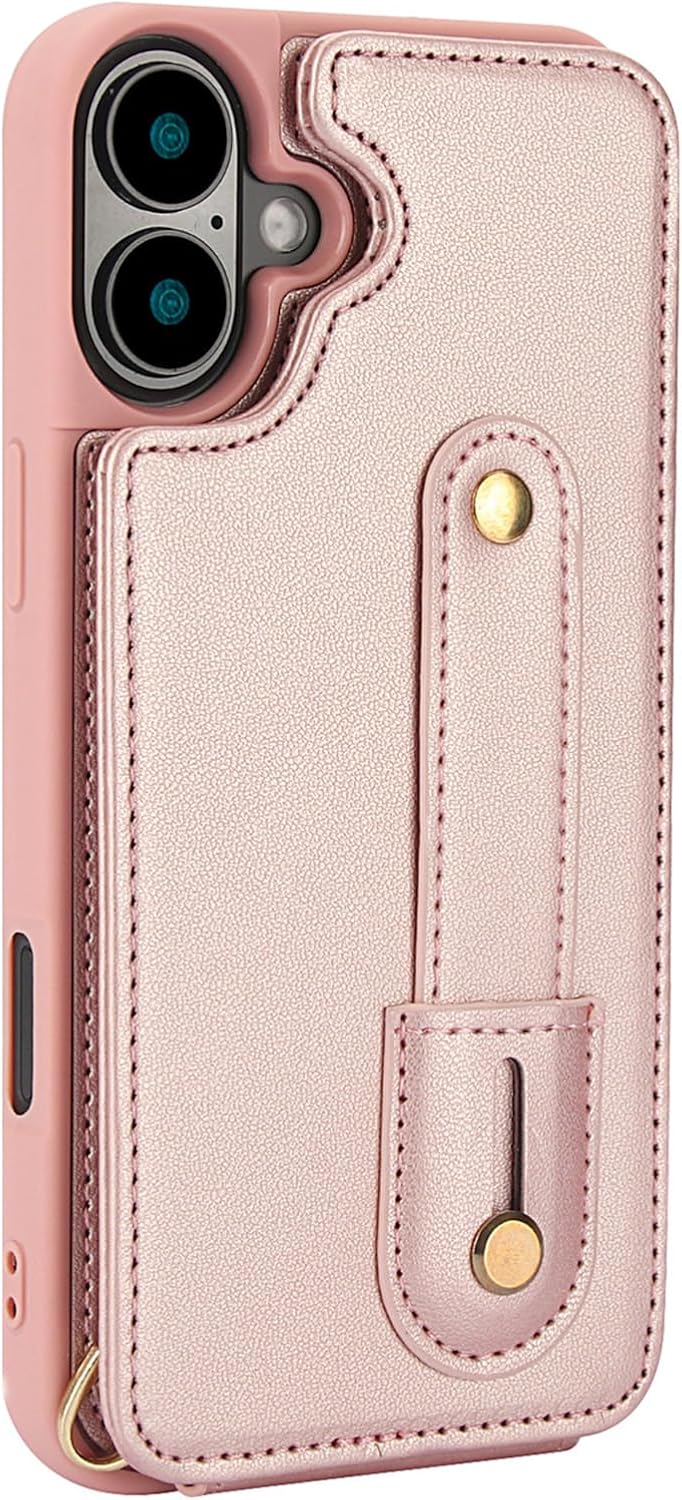 Leather Case for iPhone 16 Pro Max/16 Pro/16 Plus/16, Hand Loop Kickstand Shockproof Case with Lanyard Strap Wallet Cover (Pink,16 Pro)