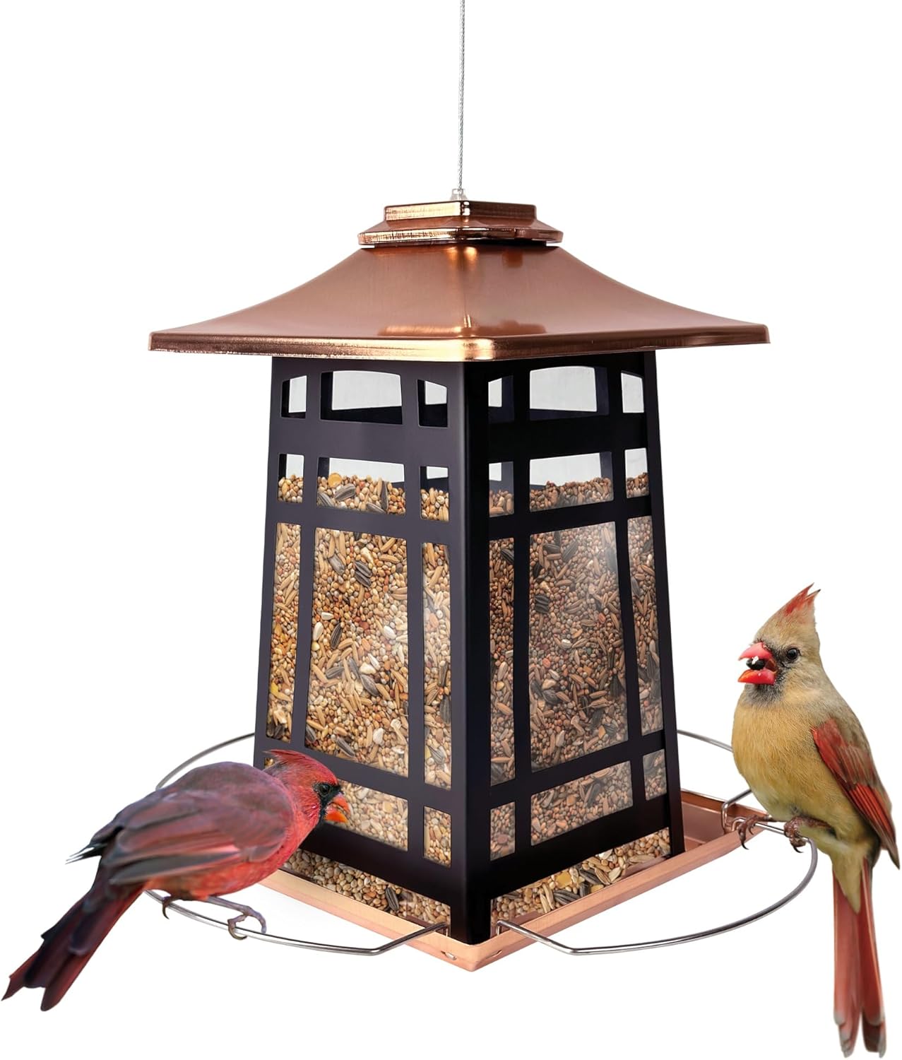 Nature's Way Outdoor Garden Décor Hanging Wild Bird Seed Feeder, Metal Copper Gazebo Feeder, Easy Fill, Rain Drainage, Black and Copper