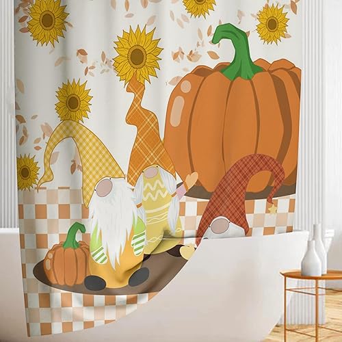 Vista 50 de Yeele Cortinas de ducha de otoño de Acción de Gracias, bonita cortina de ducha de gnomo y calabaza para baño, borde de rejilla blanca y negra