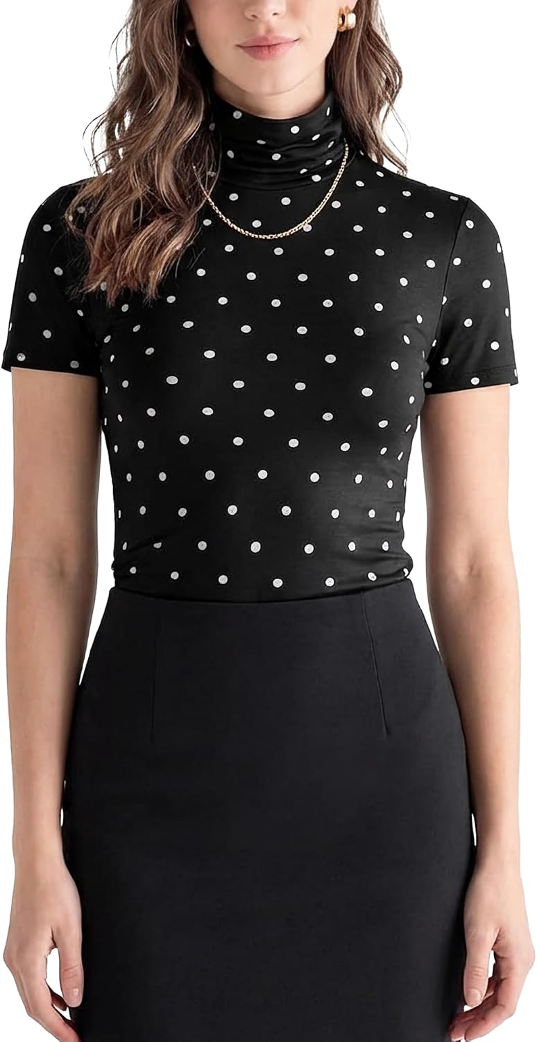Zengjo Turtleneck Tops for Women Short Sleeve, Stretchy Slim Fitted Vintage Polka Dot Shirts, High Neck Layering Tee