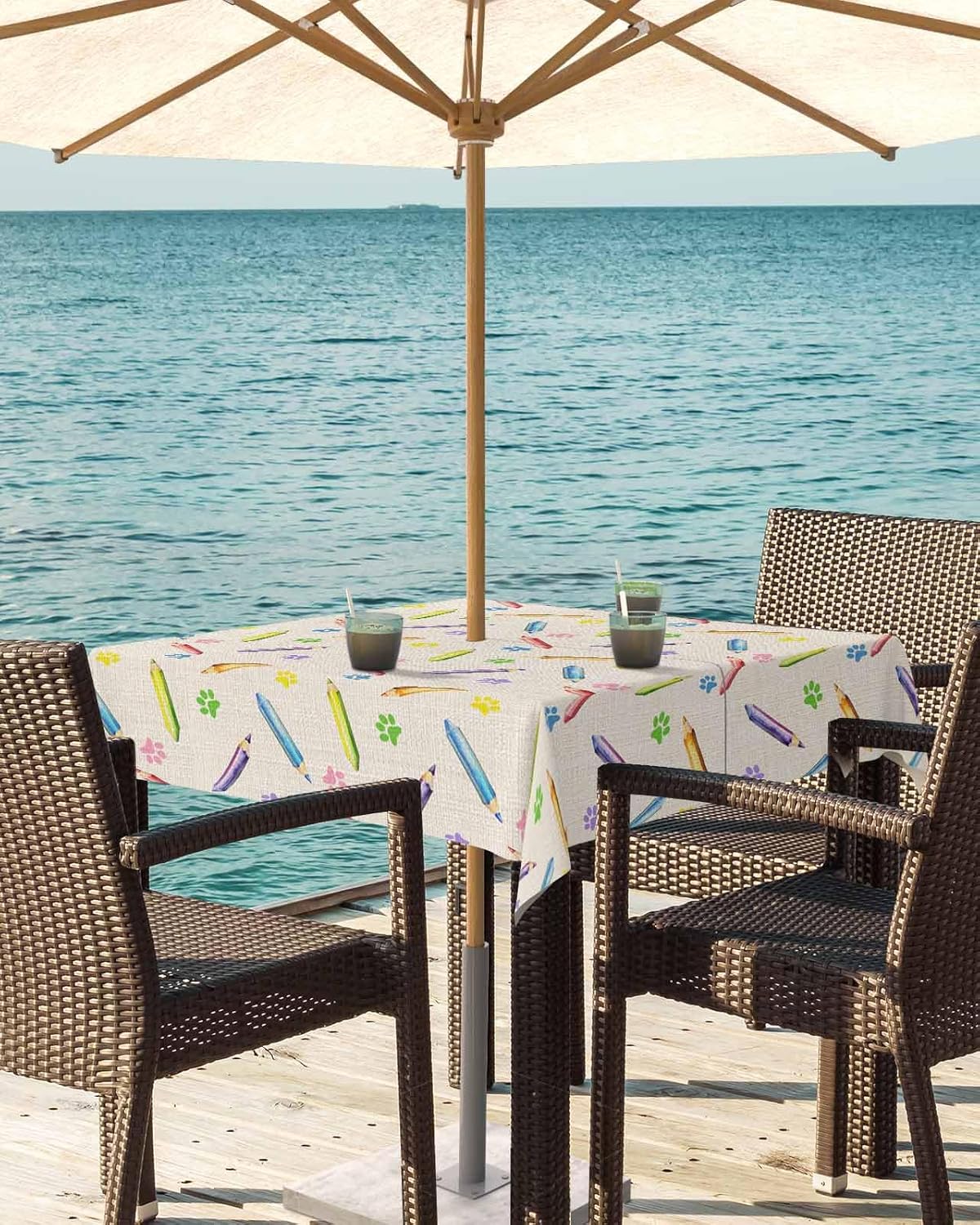 Outdoor Tablecloth with Umbrella Hole and Zipper 60" Square Cute Paw Print Pencil Linen Texture Water Repellant Table Cover Tabletop Collection for Party Patio Picnic