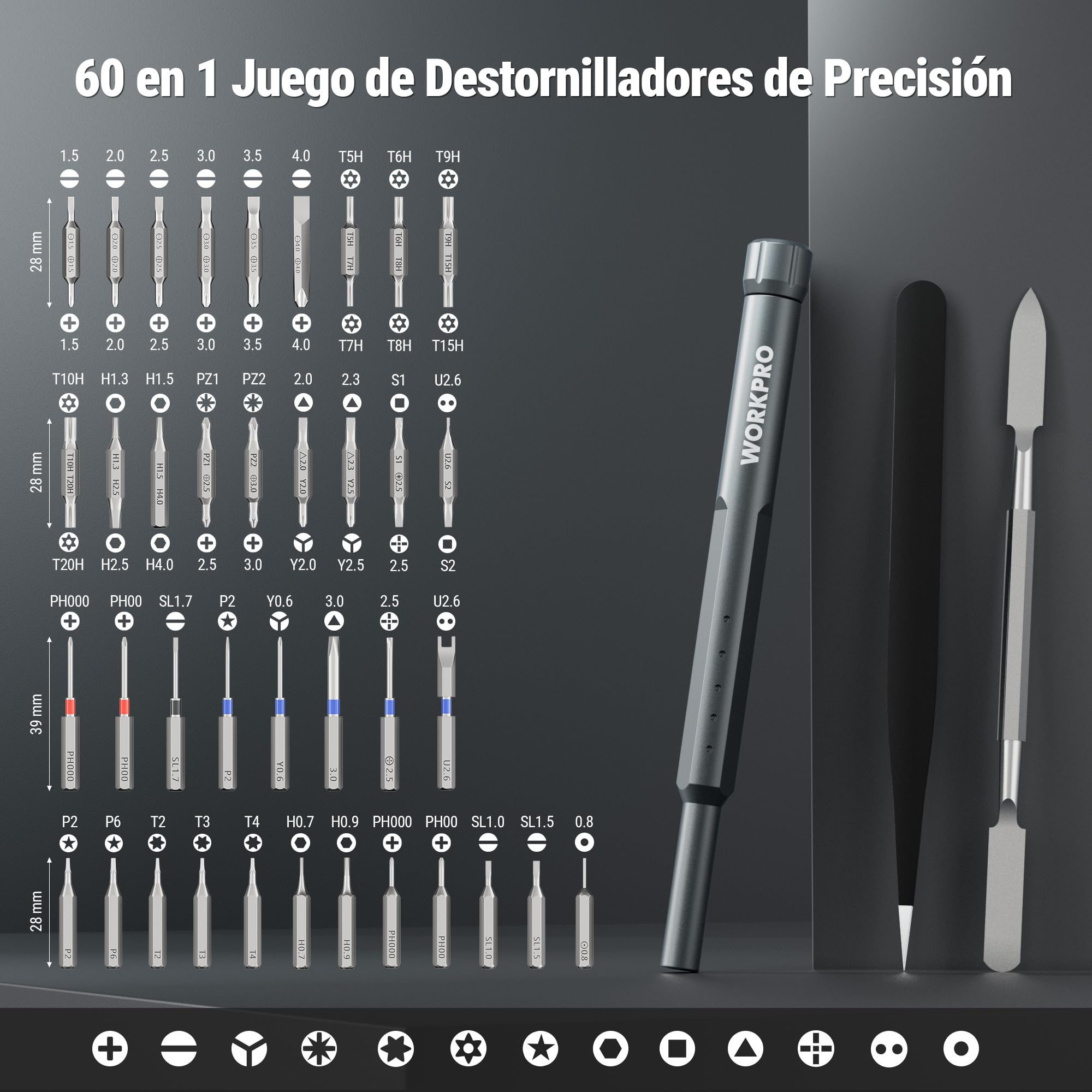 WORKPRO Destornilladores Precisión 60 en 1, Puntas Magnéticas CR-V | Estuche Compacto de Aluminio con Mango Giratorio para Reparar Electrónica, Gafas, Relojes y Móviles