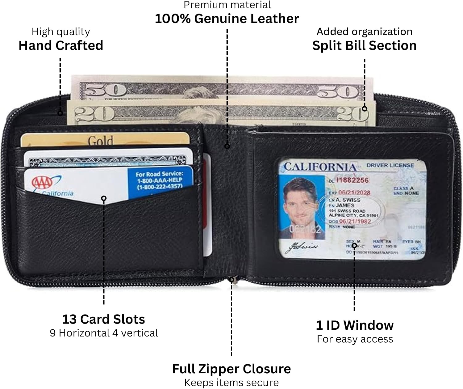 Alpine Swiss Logan Mens Bifold Wallet All-Around Zipper Closure RFID Safe image 3