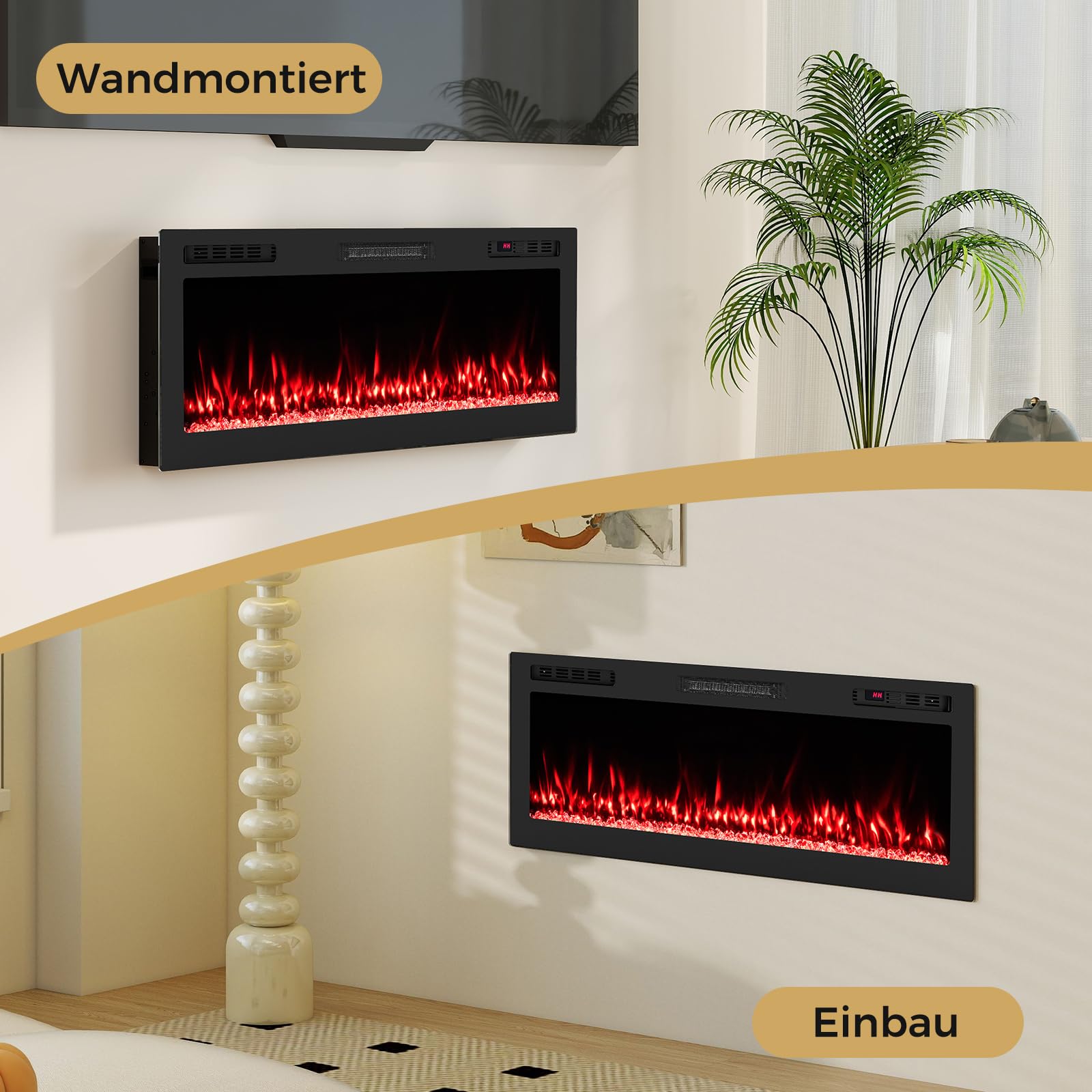 COSTWAY Kominek elektryczny z ogrzewaniem 50" 750 W/1500 W, kominek do zabudowy z pilotem zdalnego sterowania/sterowaniem za pomocą aplikacji, WiFi, 12 kolorów płomienia i żaru, timer 12 h, kominek
