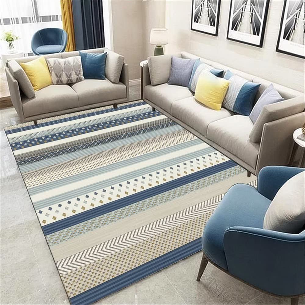 Tapis de salon bleu haut de gamme au motif moderne à rayures