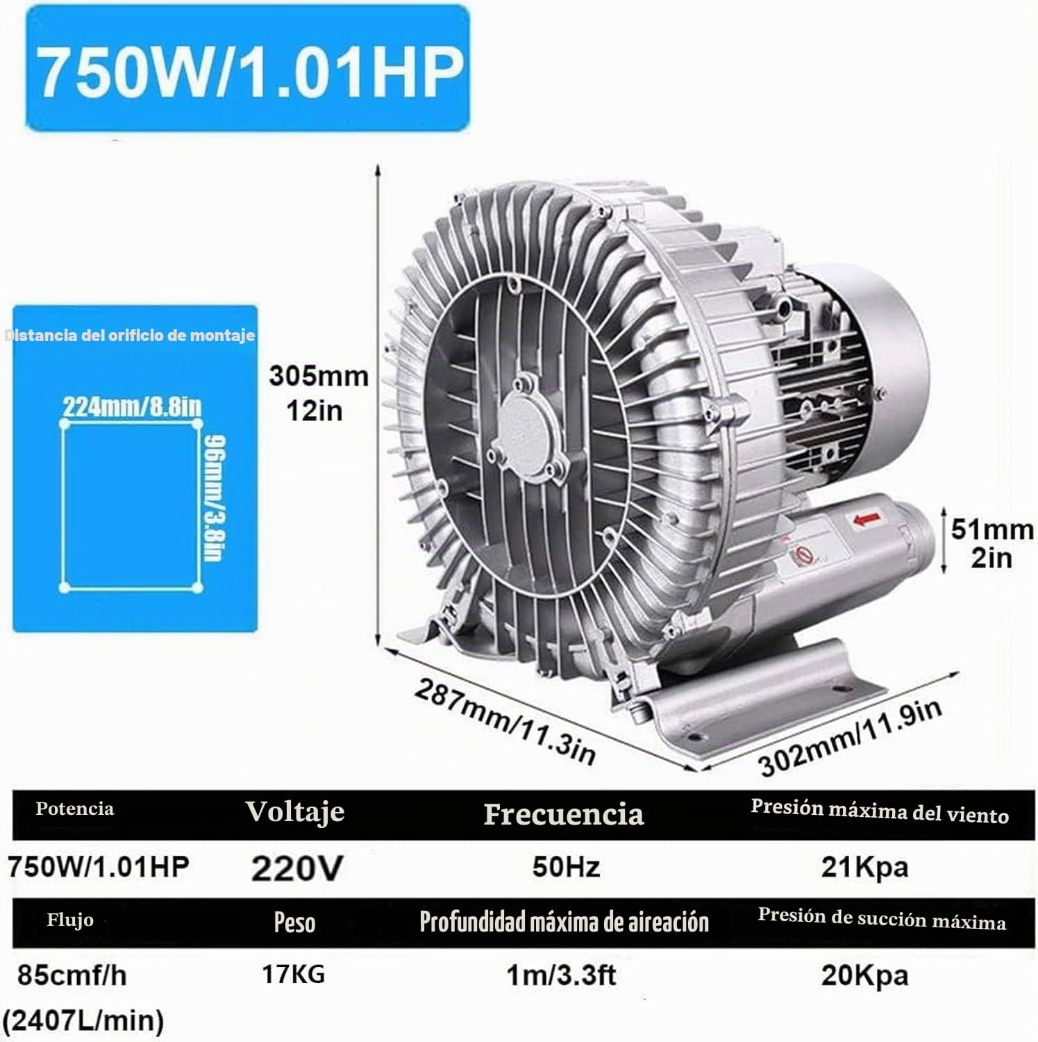 Soplador regenerativo Bomba de vacío industrial de alta presión monofásica para soplado o succión de aire, Soplador de anillo vórtice de 120 W/180 W/250 W/370 W/550 W/750 W/1100 W,750W/1.01HP