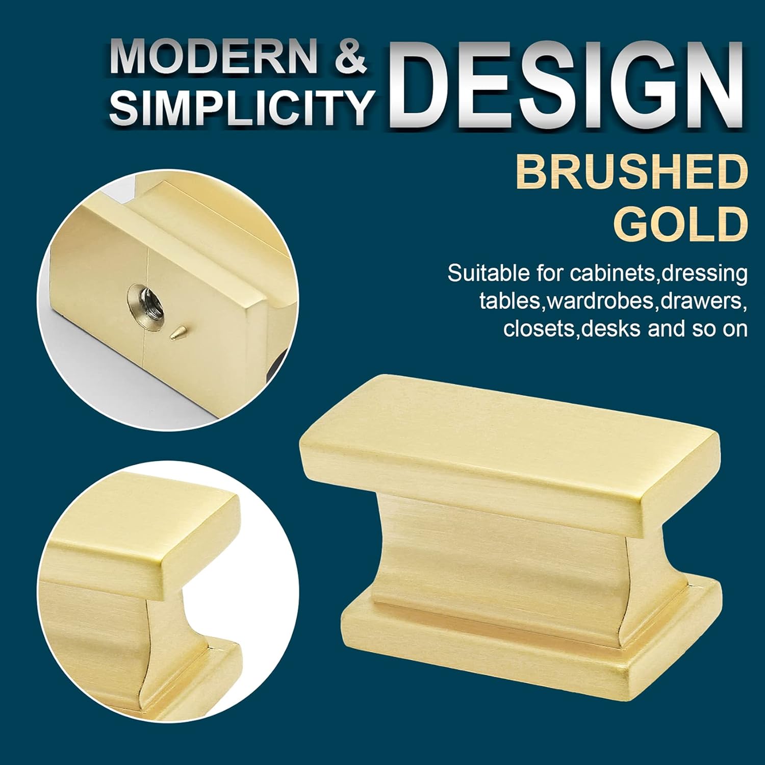 10 Pack Brushed Satin Brass Cabinet Knobs, Rectangle Dresser Knobs for Drawer Cupboard