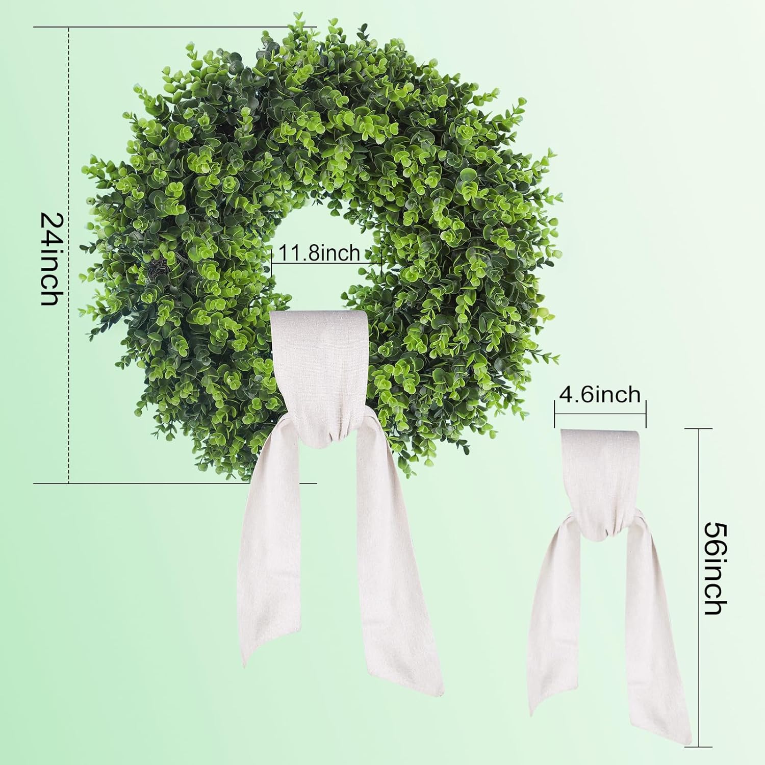 24'' Boxwood Wreath with Linen Sash for Front Door - Large Artificial Greenery Outdoor Wreath for Porch, Window, Farmhouse, Home, Hanging Decor- Spring, Summer, All Seasons