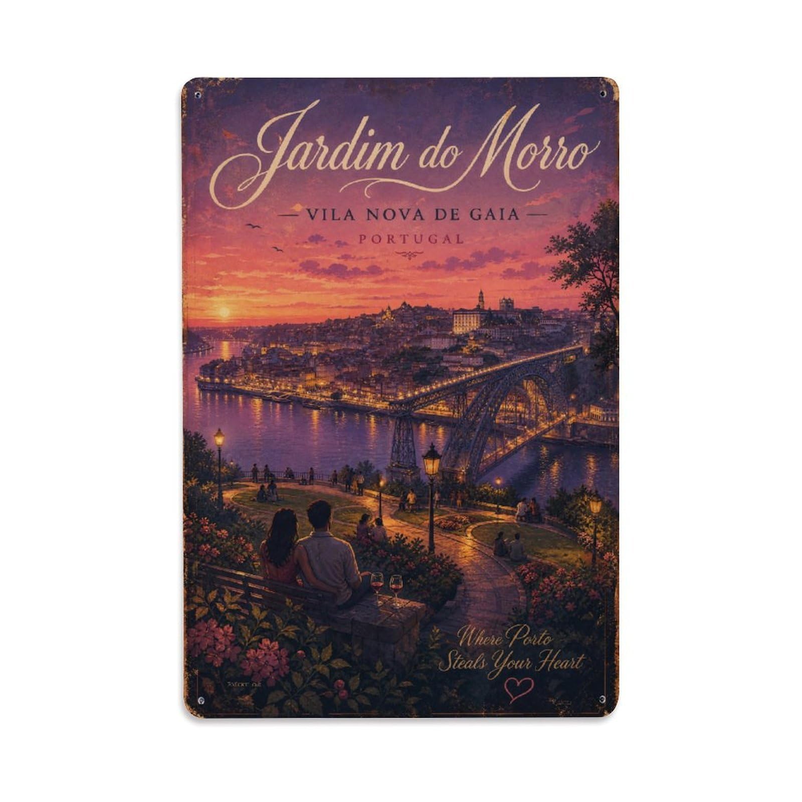 Yrnq 08X12inch Vintage Style Vintage Morro Garden Romantic Viewpoint Sunset Portugal Metal Tin Sign