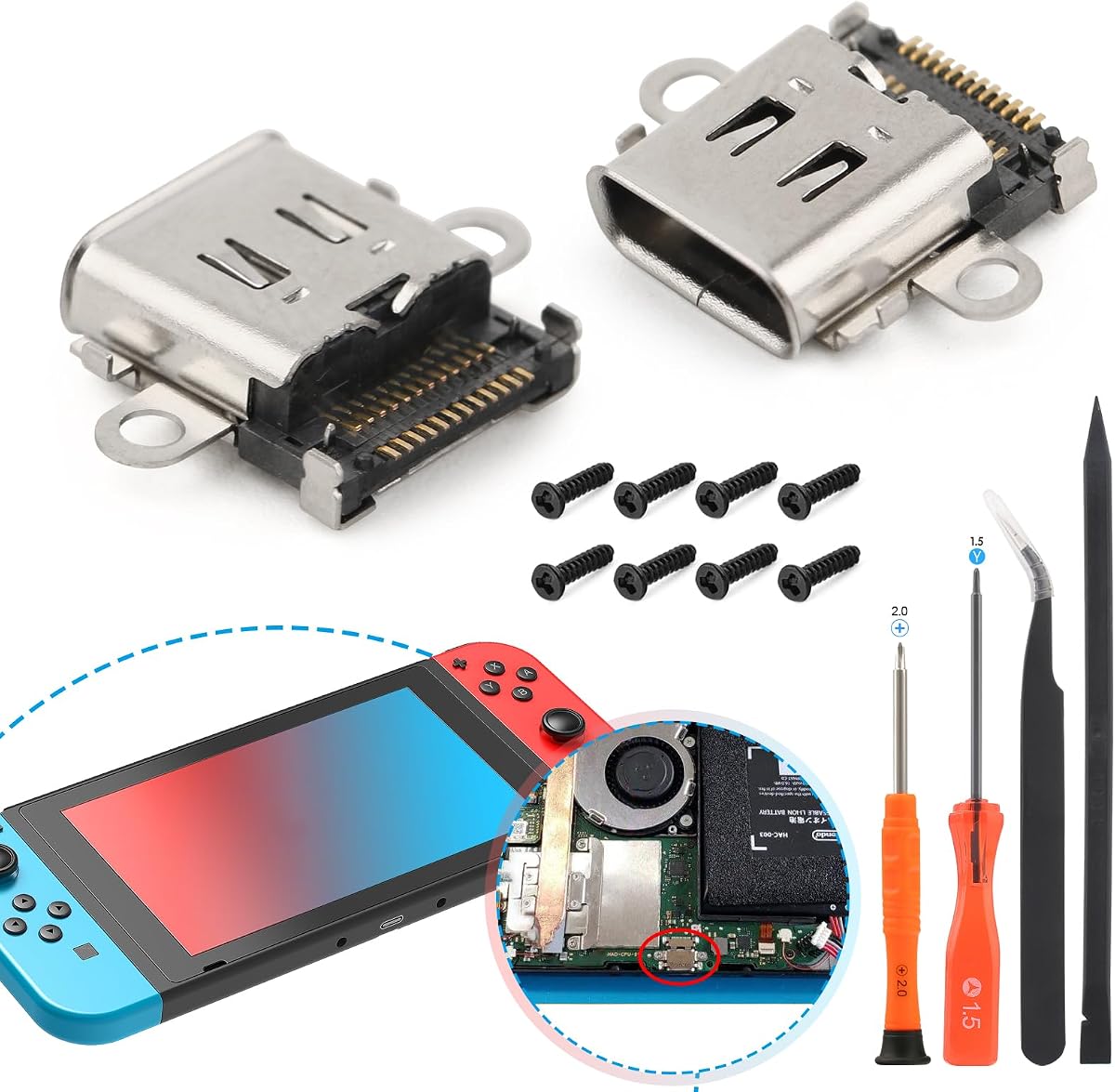 2 Pack for Nintendo Switch Charging Port Replacement For Nintendo Switch Dock Connector NS Switch USB Type C Charge Power Socket Jack Port Console Accessories (With Screws and Repair Tools)