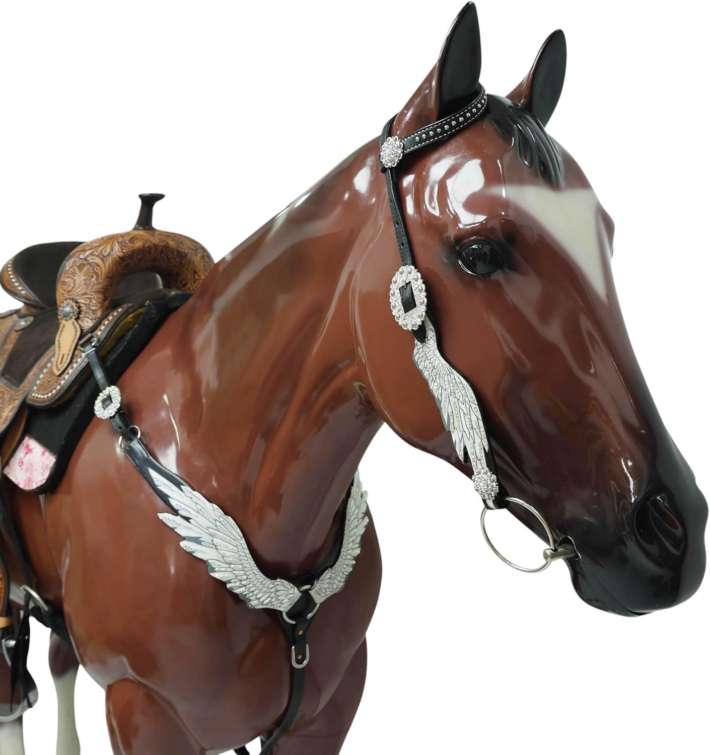 Western Leather Headstall and Breast Collar Tack Set, Handpainted White Angel Wings with Multicolor Stones, Argentina Cow Leather, Horse Tack