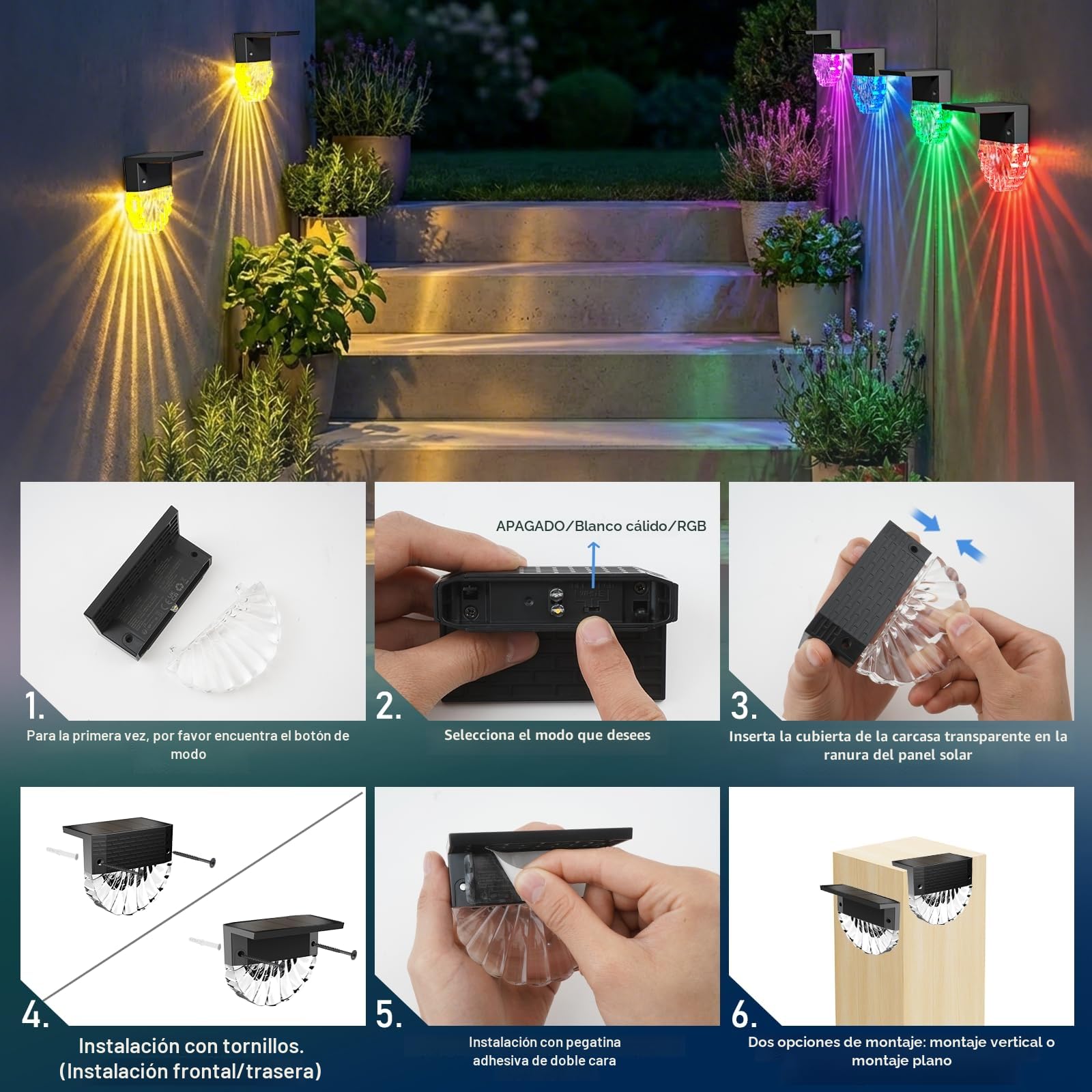 FIFlying Luces Solares Led Exterior Jardin, 6 Piezas Luz Solar Exterior, IP65 Impermeable Focos Led Solares, 3 Modelos Luz Solar Jardin, Auto ON/OFF Luces Solares para Valla Patio Escaleras Escalones