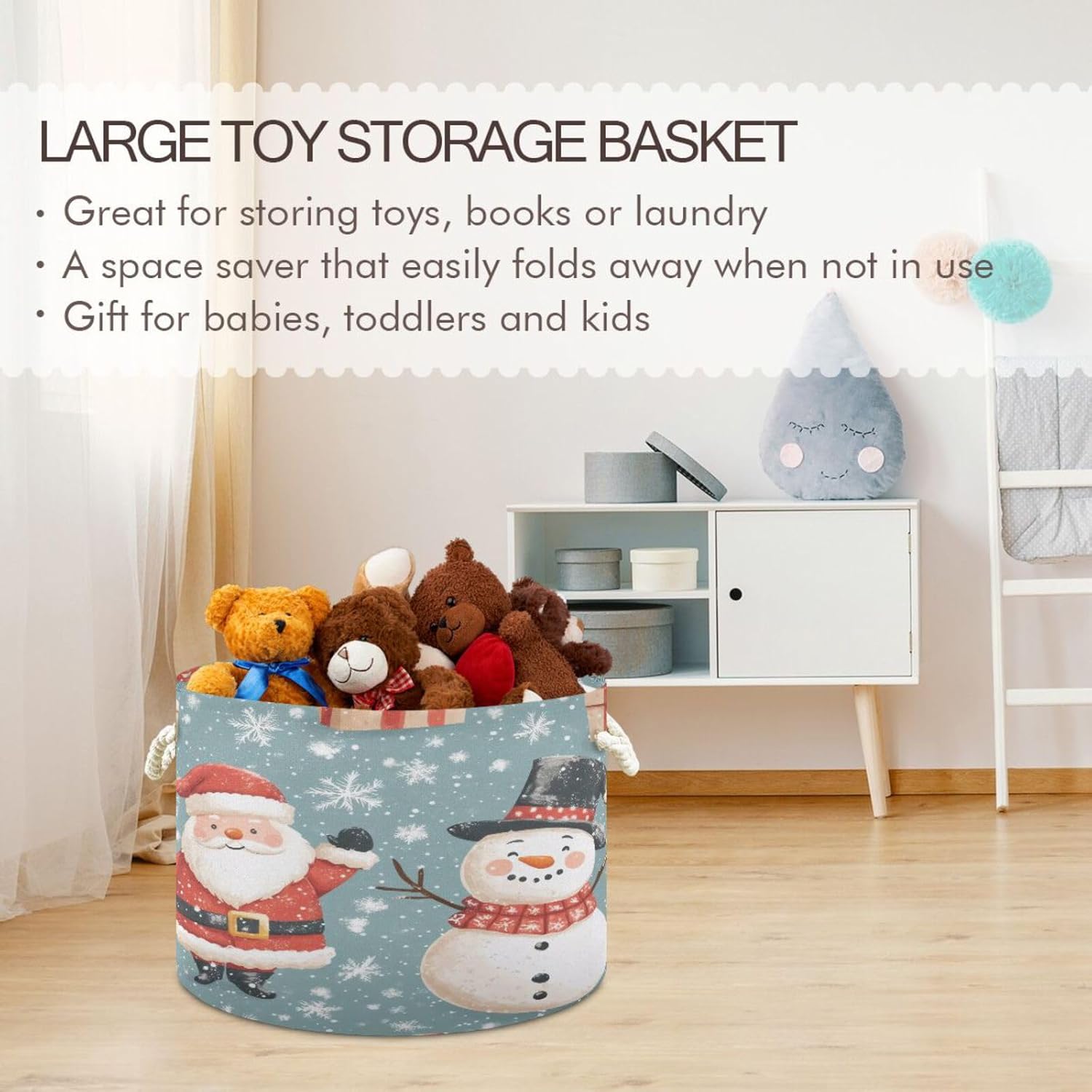 Santa Claus Snowman Extra Large Storage Basket Decorative Laundry Basket with Handles, Rope Basket for Clothes, Blanket, Towel, 20 x 14 Inch