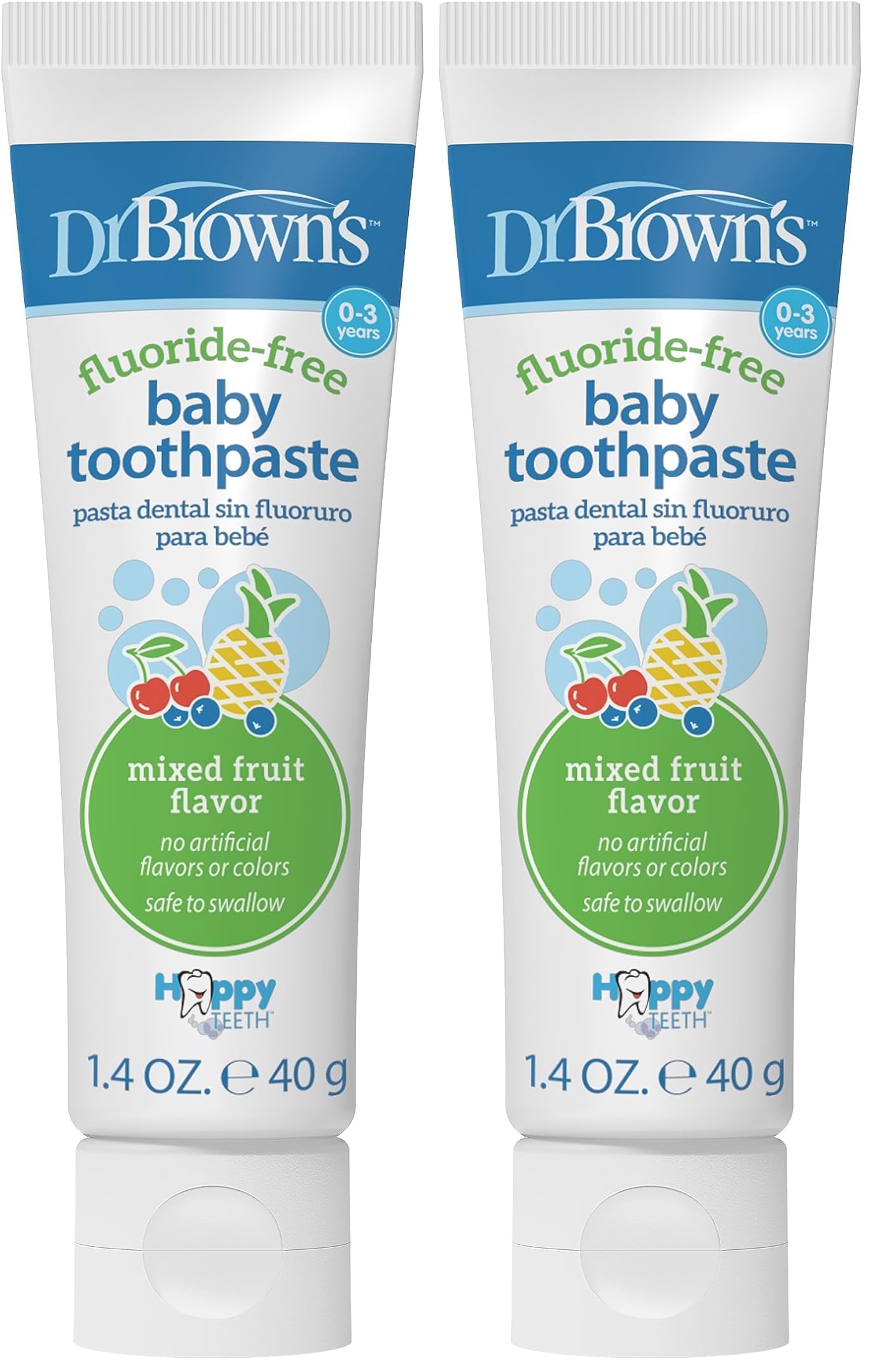 Dr. Brown's Fluoride-Free Baby Toothpaste, Infant and Toddler Oral Care, 1.4oz/40g, 0-3 Years, Mixed Fruit, 2-Pack
