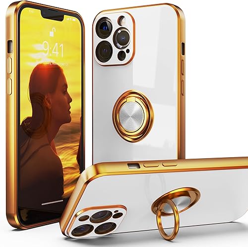 IDweel Funda para iPhone 13 Pro Max con soporte de anillo de 360, soporte magnético, ligera, delgada, borde de oro rosa, TPU suave, protección de