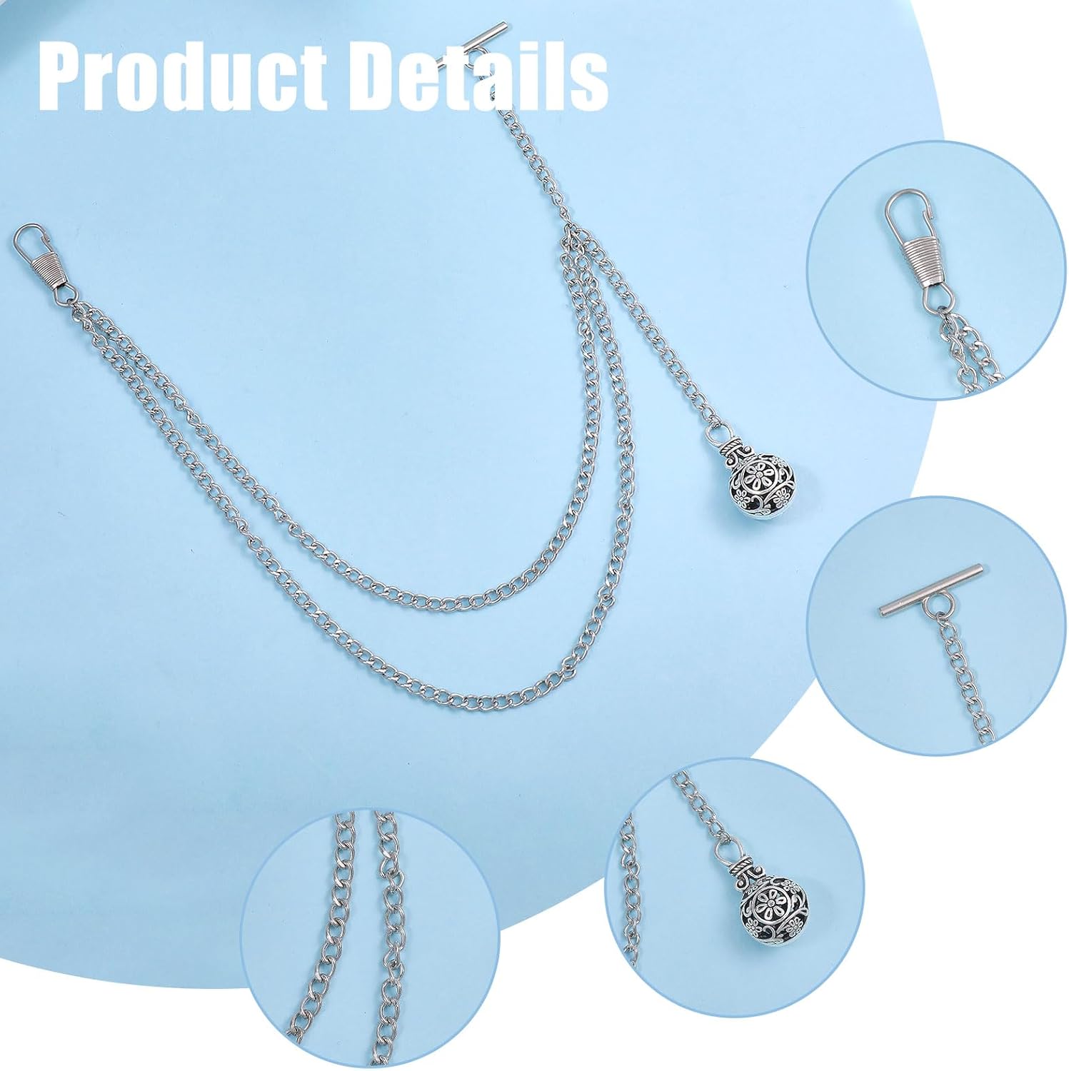 CHGCRAFT 6 Pcs 2 Style Pocket Watch Chain with Locket Pendant Brass Chain for Suit Corsage Pin Jewelry Gifts Clothing Accessories, Antique Bronze and Antique Silver, 13 inch long