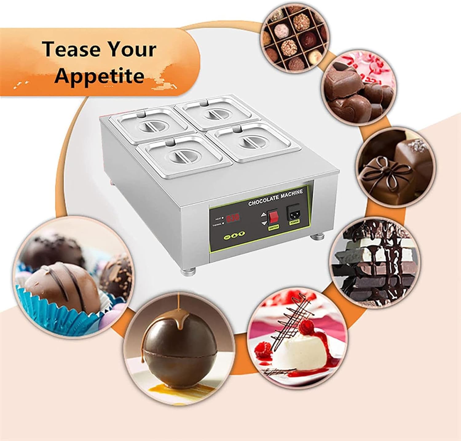 Heating Hot Chocolate Melter, 1/2/4 Pot Optional / 0~95℃, Auto Temp Control, Water Heating Hot Chocolate Melting Machine,2pot,1pot