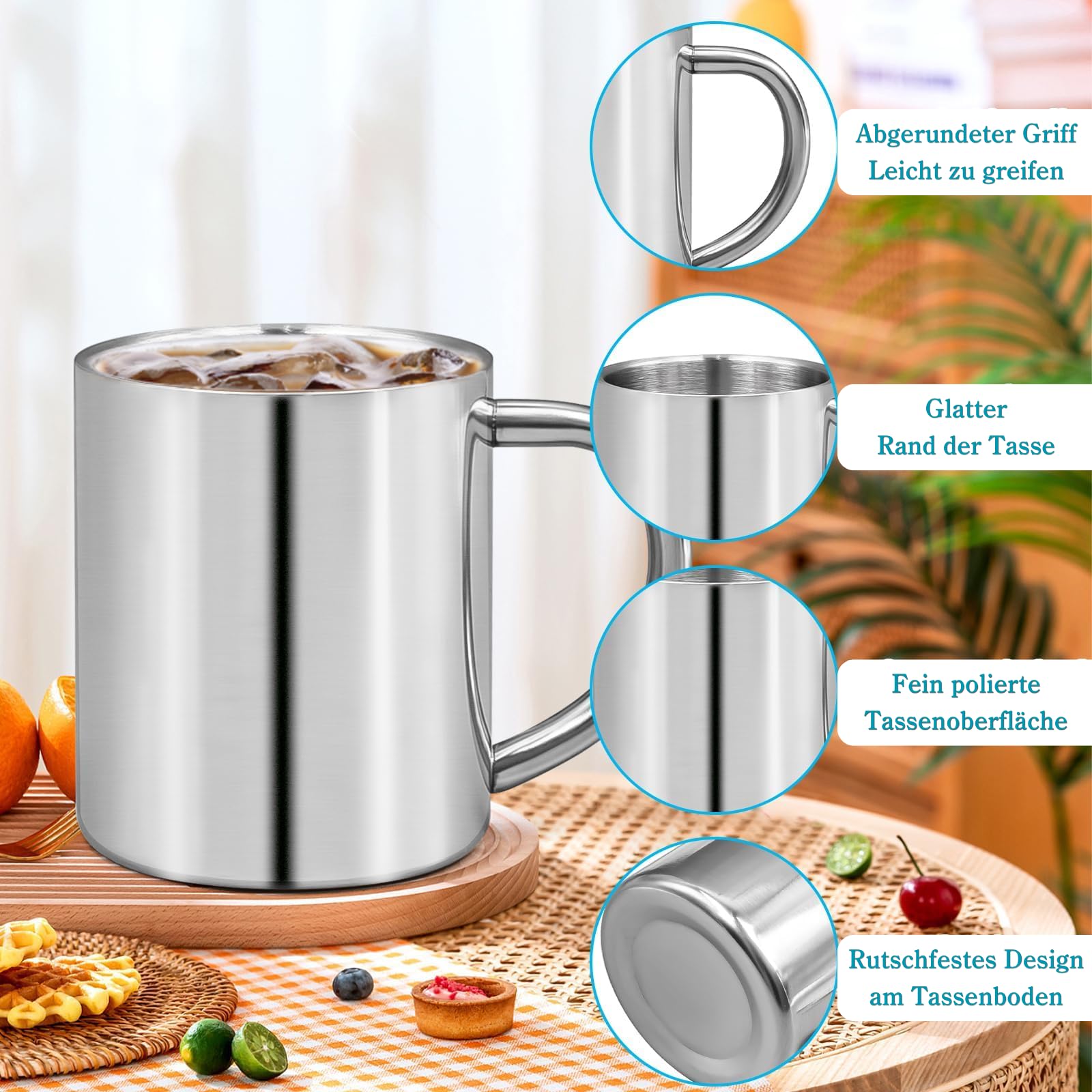 12 Stück 220ml Edelstahl Kaffeetassen, Doppelwandige Metallbecher mit Henkel – Isolierte Camping Tassen für Outdoor, Picknick, Reise, Zuhause, Wohnmobil – Spülmaschinenfest