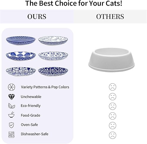 Miniatura 6 de Selamica Cuencos de cerámica para gatos, 6 pulgadas de ancho, cuencos poco profundos para aliviar la fatiga de los bigotes, juego de 6, color azul