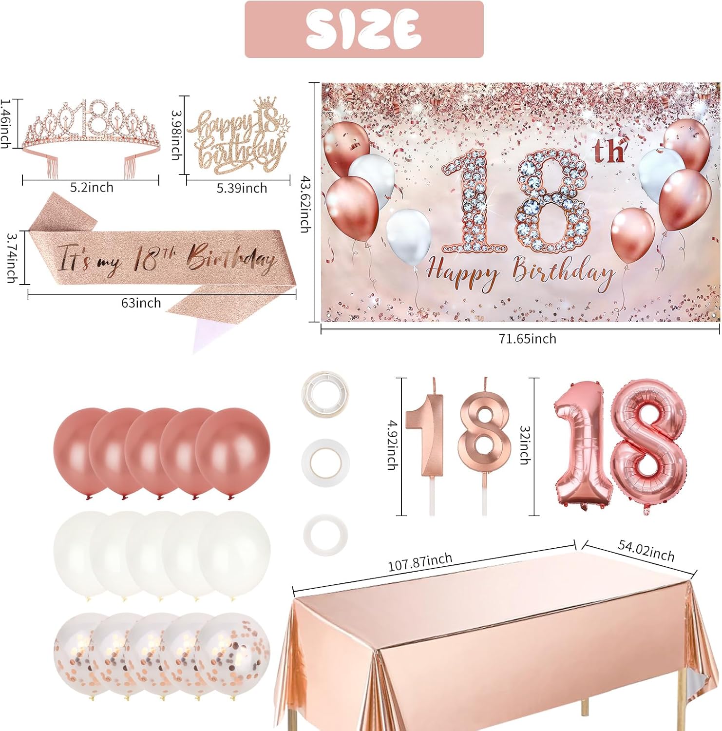 Happy 18th Birthday Party Decorations Set with Banner, "It's My 18th Birthday" Sash and Crown, Balloons, Cake Topper, Tablecloth, Candles for 18 Year Old Birthday Party (Rose Gold)