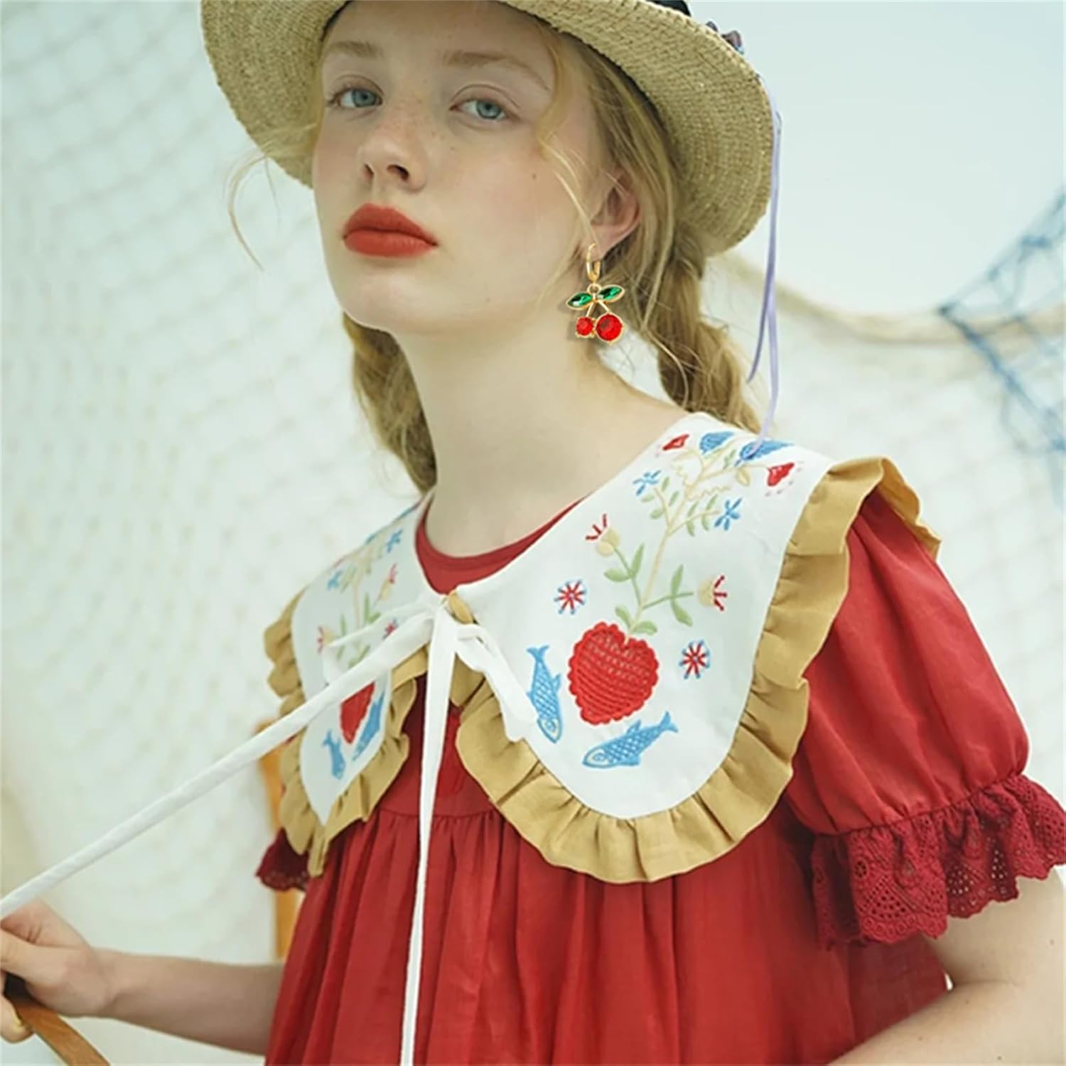 Dreuyet Sweet Simulated Fruit Jewelry Sets for Women Fashion Red Strawberry Cherry Hoop Earrings Charming Handmade Braided Rope Cherry Pendant Bracelet Summer Holiday Gifts - Image 4