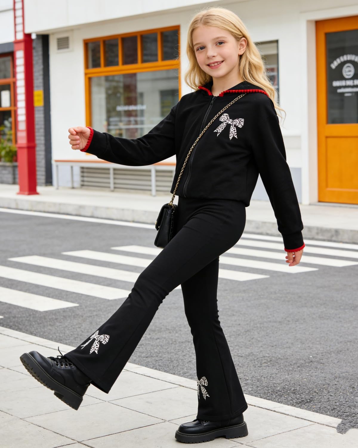 Girls Clothes Long Sleeve Bow Zip Hoodie Sweatshirt and Flared Pants Fall Winter Clothing Set, Sizes 7-14 Years - Image 5