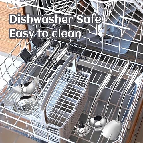 Miniatura 4 de VALESKA - Juego de utensilios de cocina de acero inoxidable 304, juego de utensilios de cocina de metal de 6 piezas, espátula wok, cucharón, cuchara