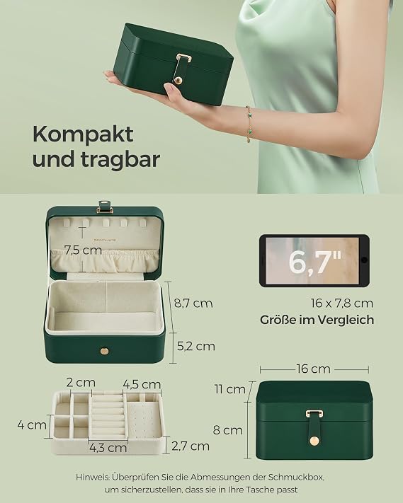 SONGMICS JBC166C01 Travel Jewellery Box Small 2-Tier Jewellery Storage Portable Jewellery Travel Case for Larger Accessories 11 x 16 x 8 cm Gift Idea Forest Green