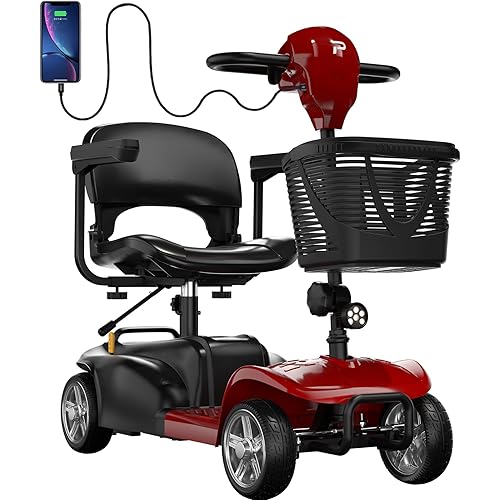 4 Wheels Mobility Scooter for Adults, 15 Miles Long Travel Range Foldable Lightweight Mobility Scooter, 350 lbs Capacity, Motorized Scooter for Seniors with LED Headlight and Detachable Basket (Red)