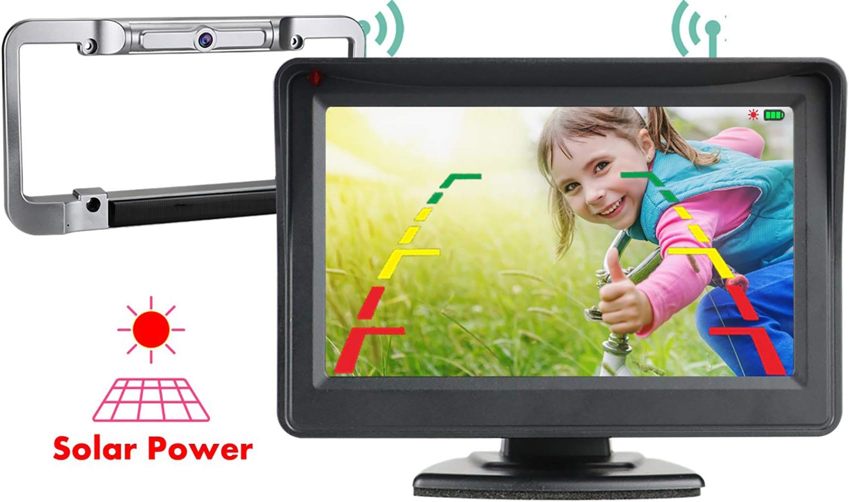 iSharp Digital True Wireless Backup Camera and Monitor Kit Solar Power Night Vision Camera TFF Color Monitor for Vehicles Car/SUV/Pickup Waterproof Night Vision Guide Lines (White)