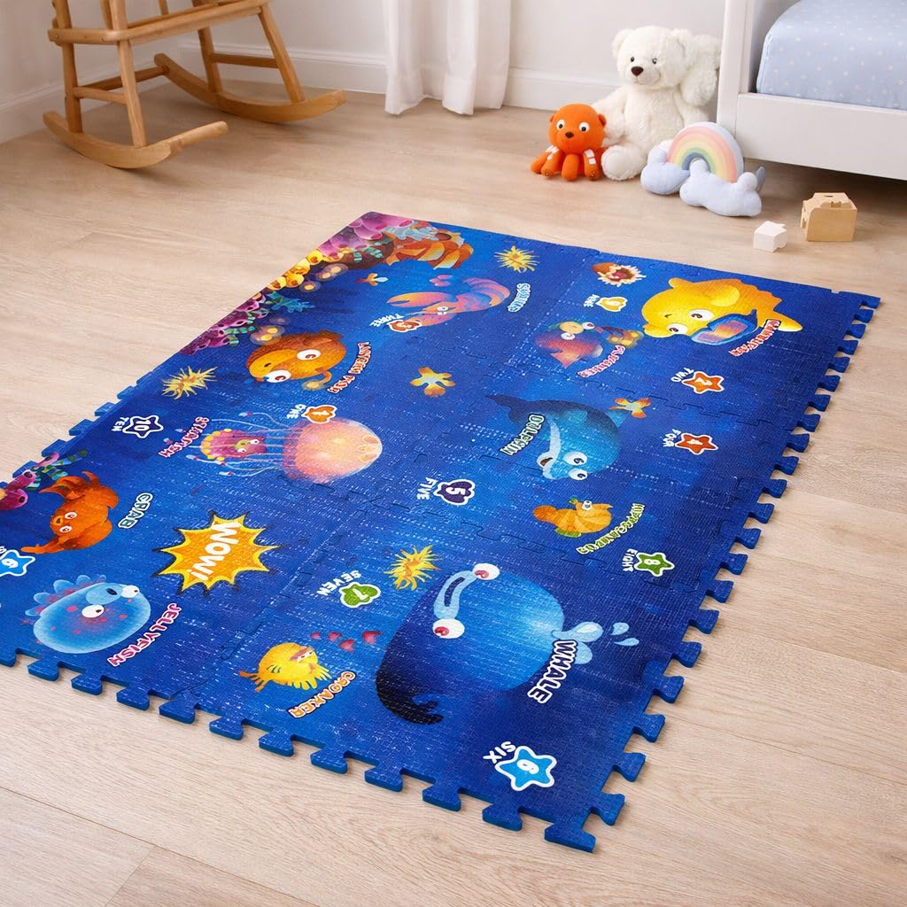 The Tickle Toe Double-Sided EVA Foam Puzzle Mat for Babies and Toddlers | Soft Tummy Time Play Mat | Kids Room Mat 5.6 x 3.8 ft. | Non-Toxic, Blue