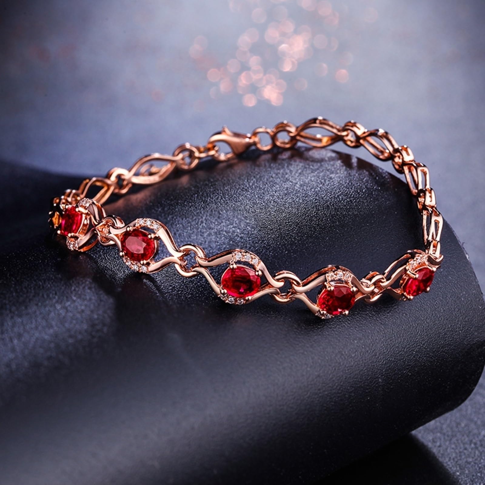 Bransoletka damska w kolorze różowego złota 750/585/375, z rubinem 2,38 ct i diamentem, regulowana 16-18 cm, przedłużenie 4 cm