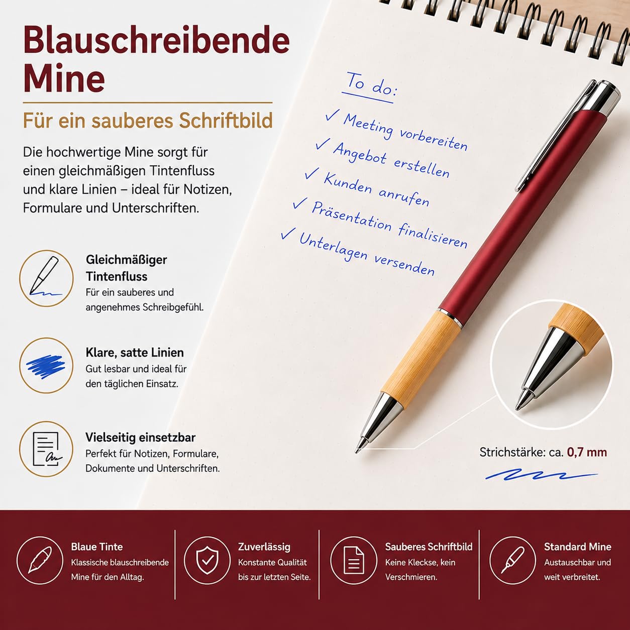WPRO Bambus Kugelschreiber 50er Set Rot Aluminiumgehäuse blauschreibend