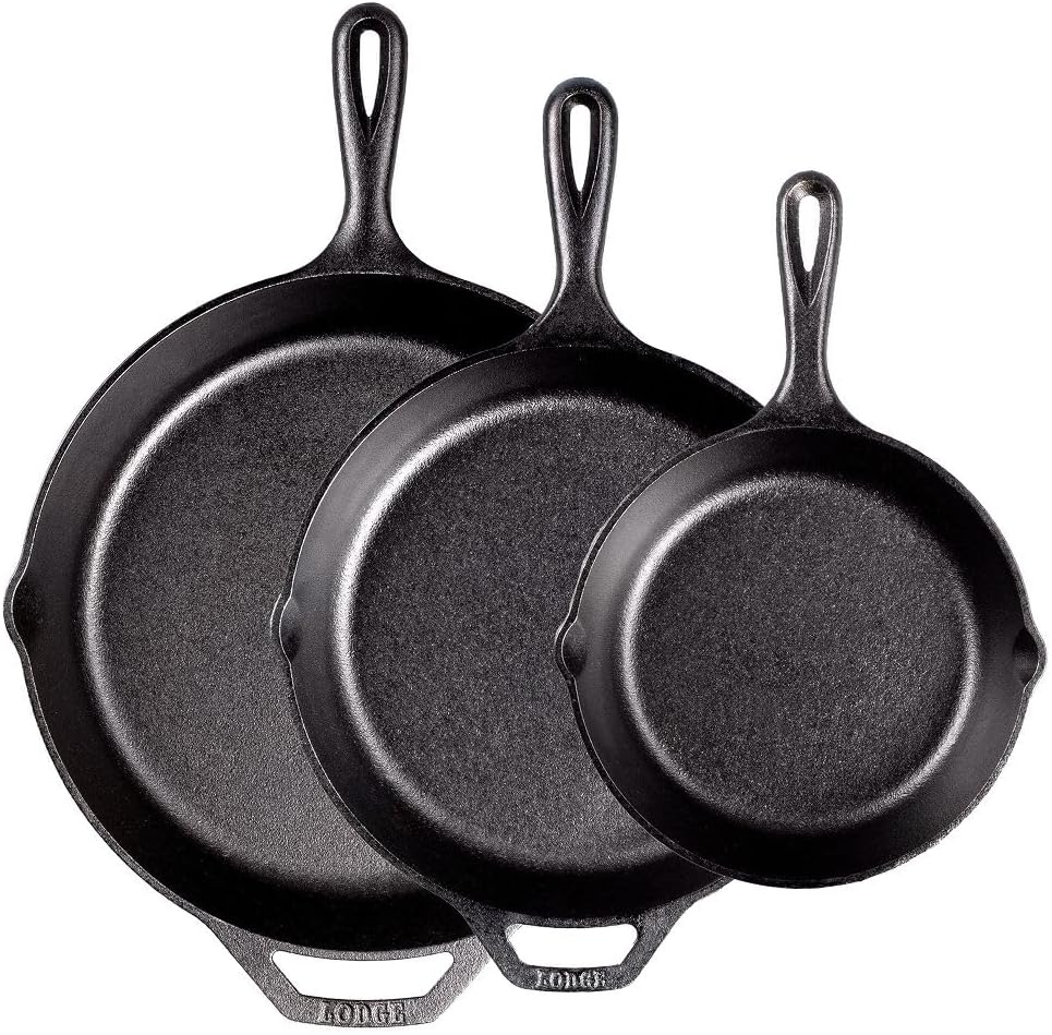 Lodge Seasoned Cast Iron Skillet Set - PFAS-Free, Non-Toxic Cookware - Use with an Oven, Stove, Grill, or Campfire - Naturally Non-Stick & Oven Safe - 8, 10.25 & 12 Inches