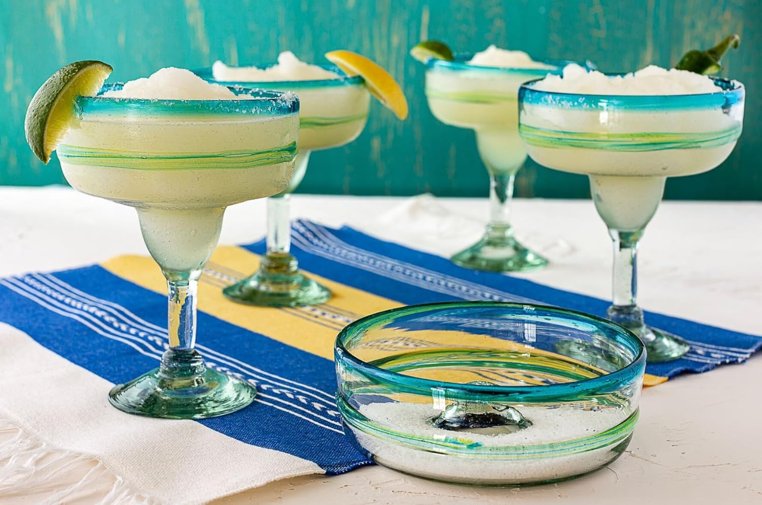 Mexican Glassware, Aqua Rims 16oz Margarita Glasses, Set of 2 Unique Hand Blown Glass, Handcrafted by Talented Artisans Thick & Sturdy Easy to hold - Image 3