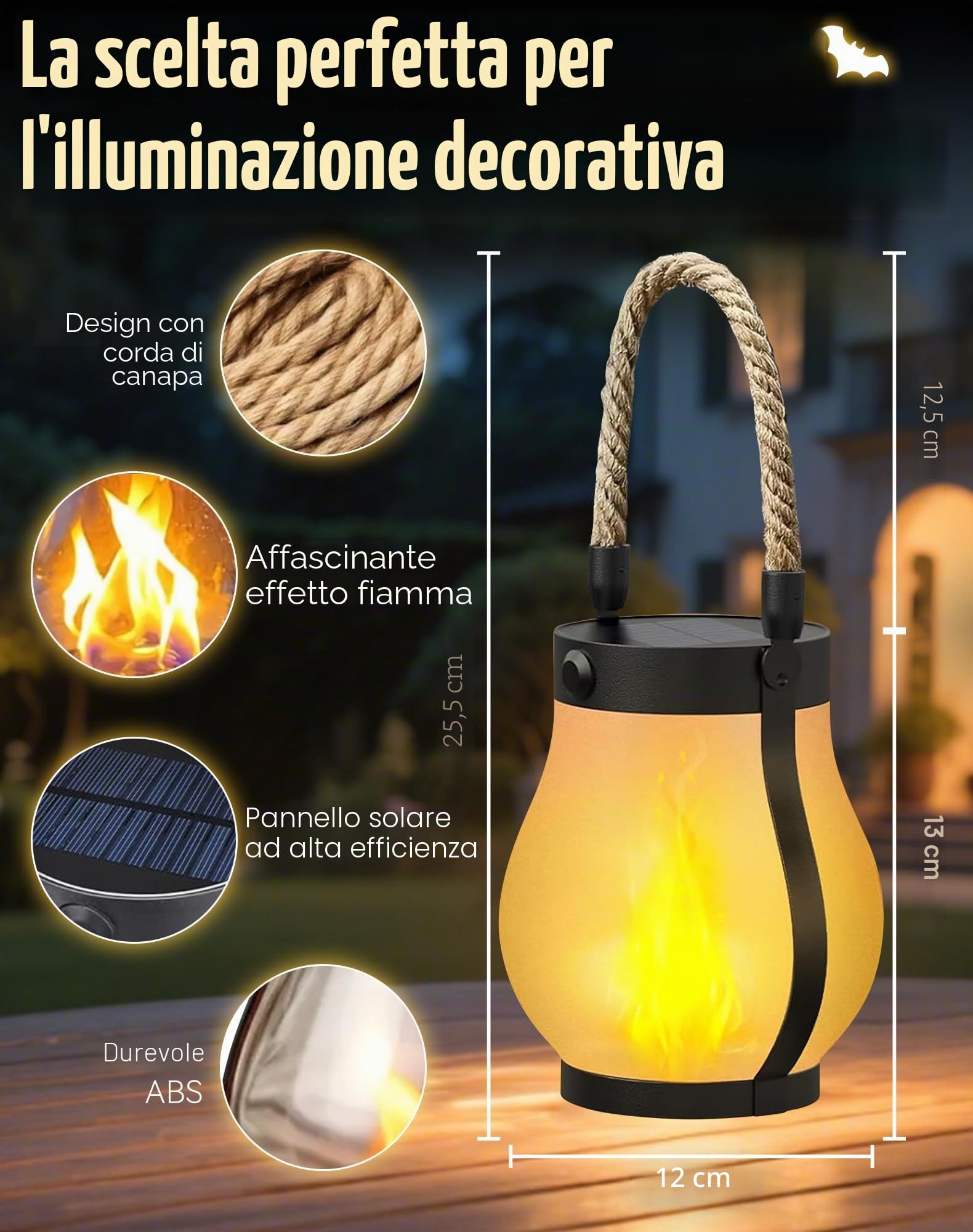 Kaliqo Lanterna solare per esterni, impermeabile, fiamma danzante, lanterna solare, luci esterne, corda di canapa Kaligo, lanterne a fiamma da appendere per decorazioni da giardino e cortile