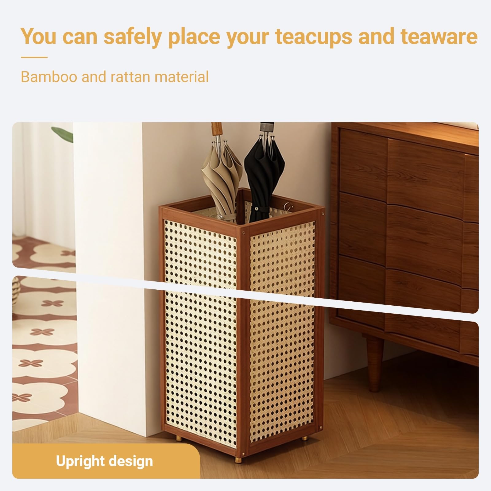 Portaombrelli nero in bambù e rattan con vassoio antigoccia rimovibile, elegante organizer da ingresso per casa o lavoro, design resistente ed elegante, per uso interno ed esterno