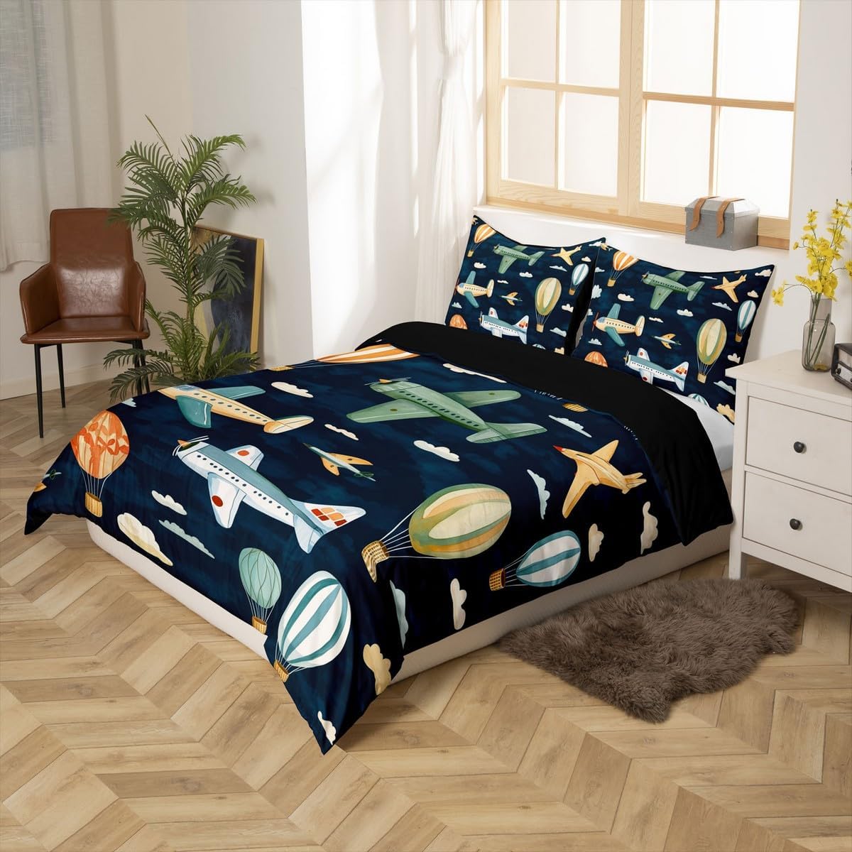 Erosebridal Kids Airplane Bedding Sets for Boys Girls Navy Blue Duvet Cover Toddler Size Cartoon Airplane Print Comforter Cover Helicopter Flying Plane Bedspread Cover Travel Decor Beddings