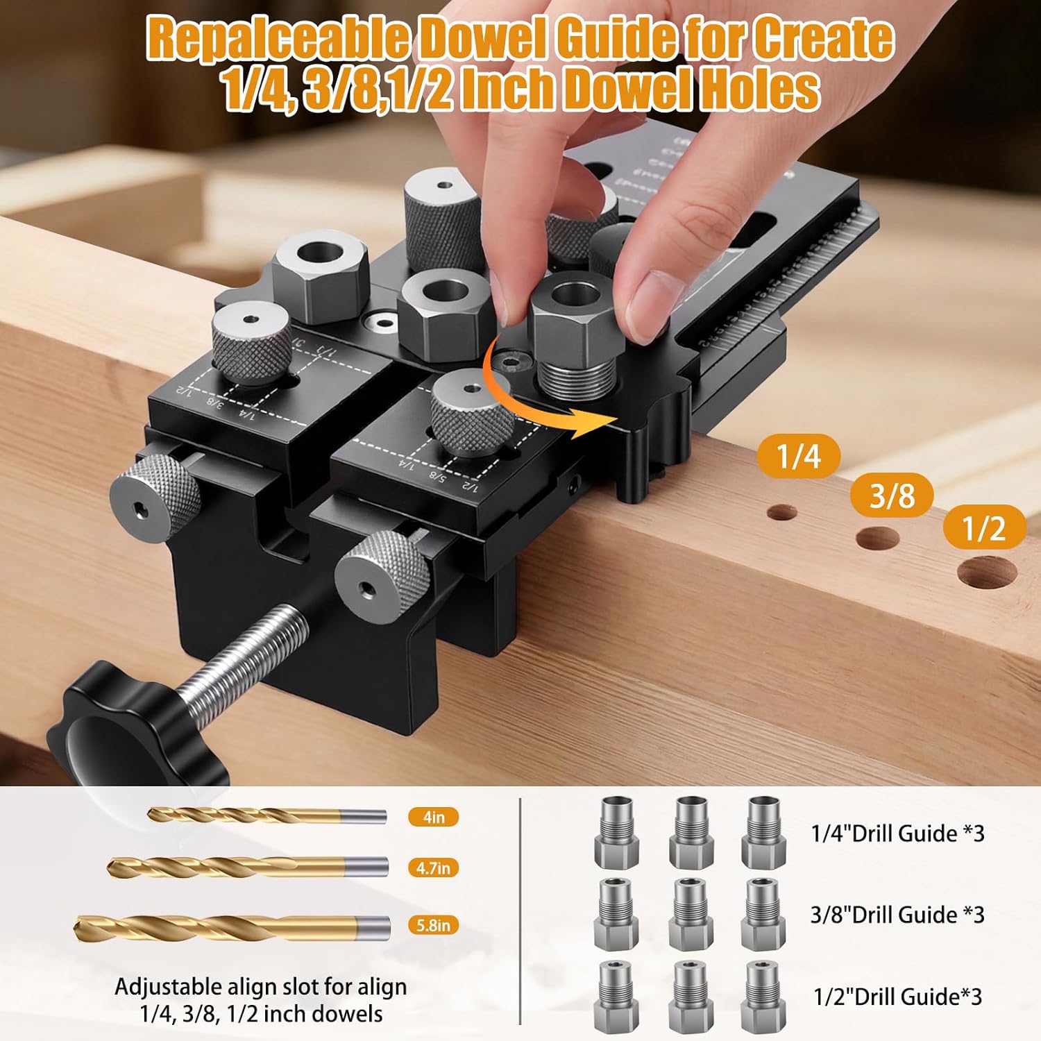 Dowel Jig Kit with Quick Positive Stop & Clamp, Adjustable Doweling Jig for 1/4", 3/8", 1/2" Drill Bits, Accurate Straight Holes for Any Thickness Wood Joints, Cabinet & Furniture