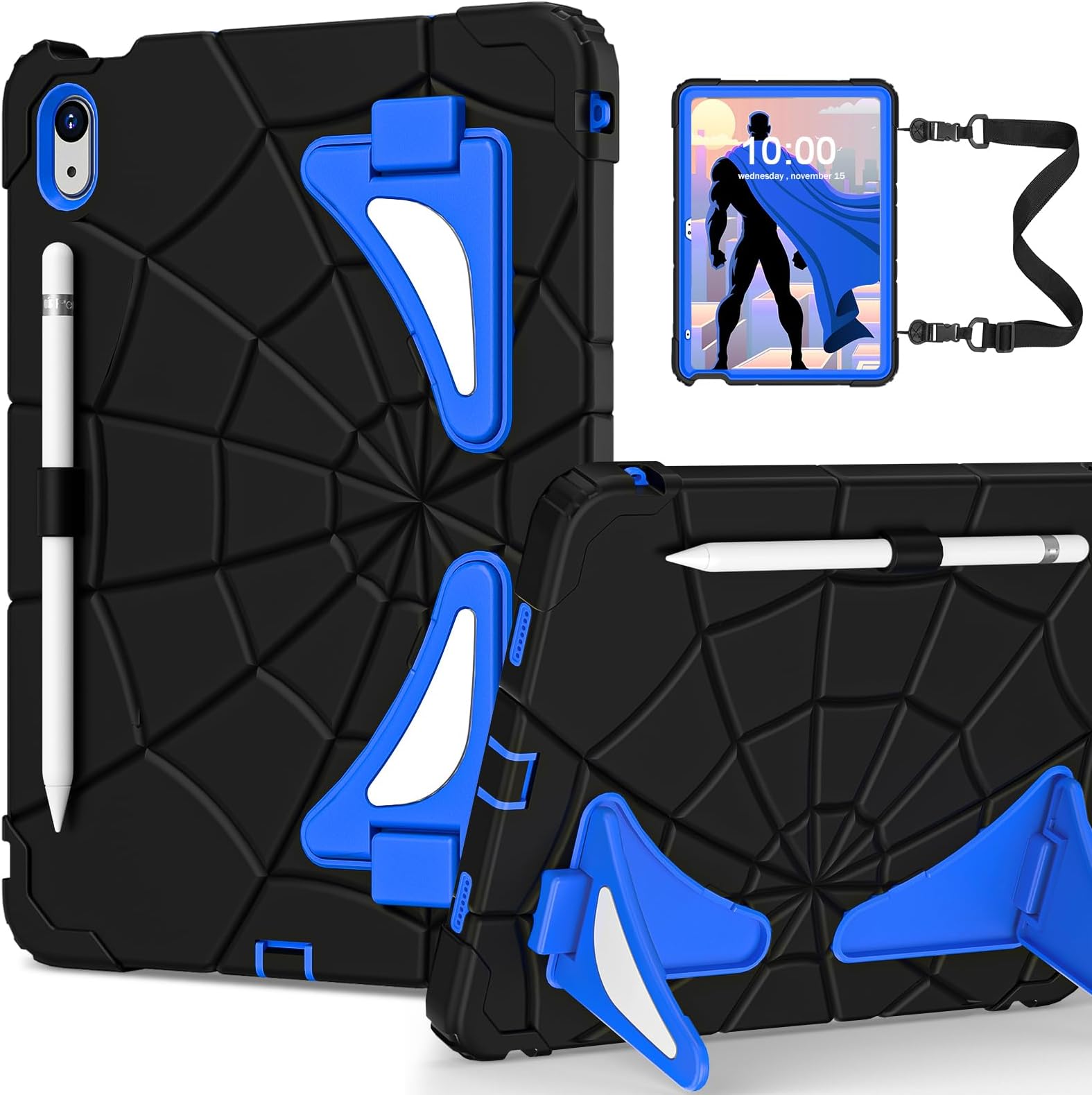 WESOROL for iPad 10th Generation Case, Kids Friendly Case for iPad Case 10th Gen 10.9 Inch with Kickstand Shoulder Strap Pencil Holder, Protective Case for iPad 10th Case for Kids, Black Blue