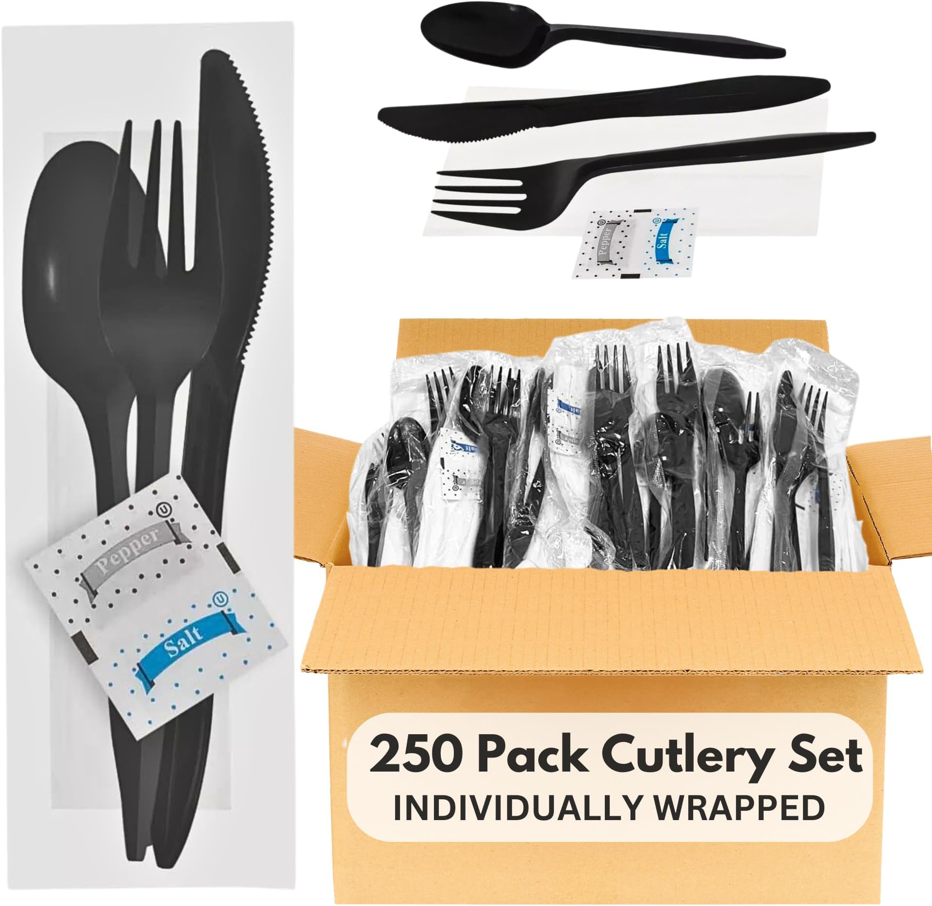 Party Essentials Individually Wrapped Black Plastic Cutlery