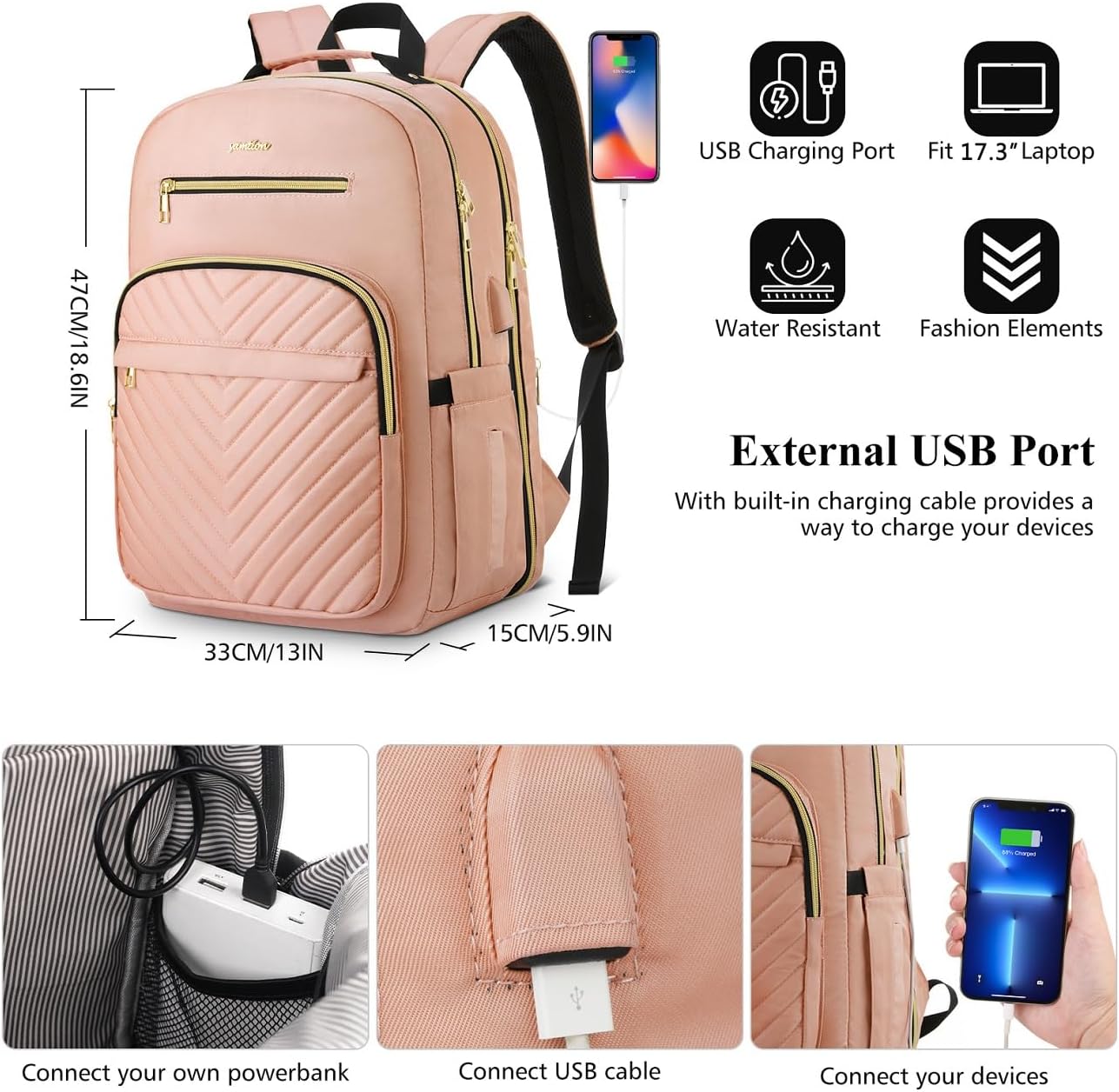 YAMTION 17.3 Inch Backpack Women,Laptop Backpack for Women USB Backpack for Business Work Office College,Pink