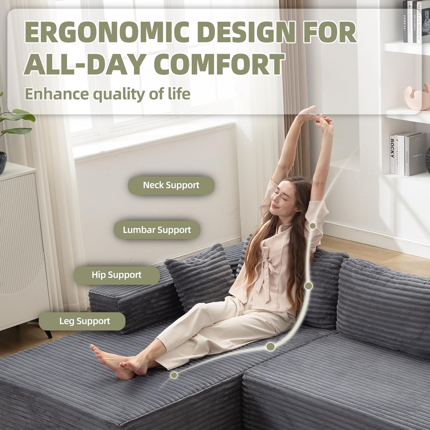 108" Modular Cloud Sofa Set - L-Shaped Boneless Design with Memory Foam, Velour Corduroy Fabric & Right Chaise Lounge, Grey