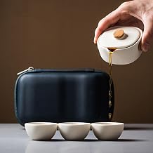 Portable Ceramic Tea Set for Travel - Mini 2.7oz Teapot, Three 0.67oz Teacups with Travel Bag - White Matte Glaze