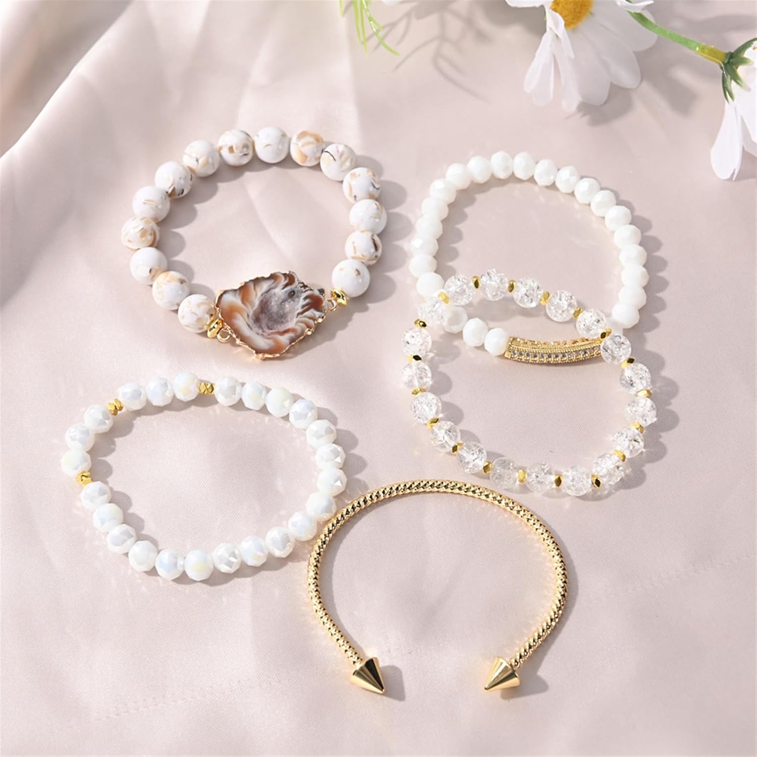 5PCS Beaded Bracelets/Bangle for Women, Multilayered Stackable Elastic Natural Turquoise Jasper Agate Crystal Stones Bracelets Set Handmade Boho Jewelry Gift for Women - Image 4