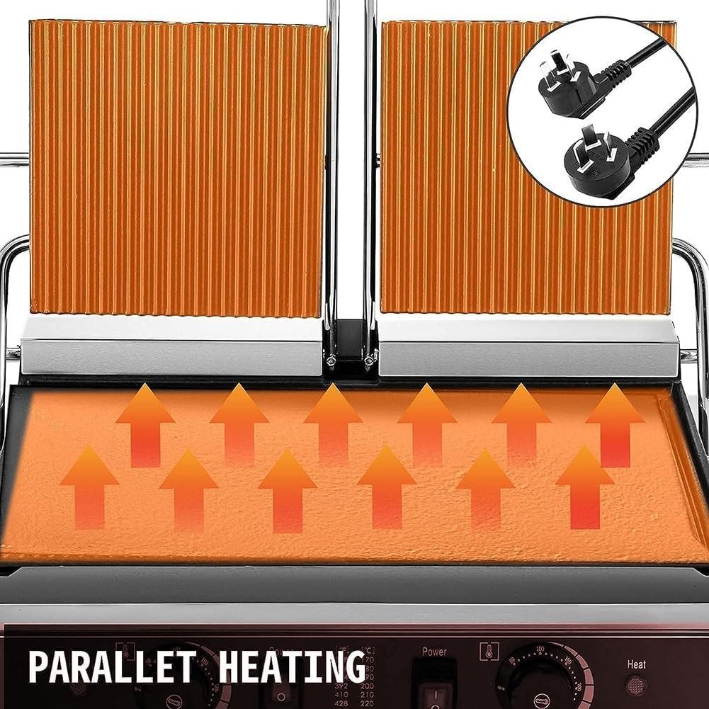 Double Heads Panini Press, 3600W Sandwich Toaster with 2 Slice Non-Stick Plates, Toastie Maker with 122-572℉ Adjustable Temp Control, Stainless Steel Grill and Griddle, Built-In Fat Tray