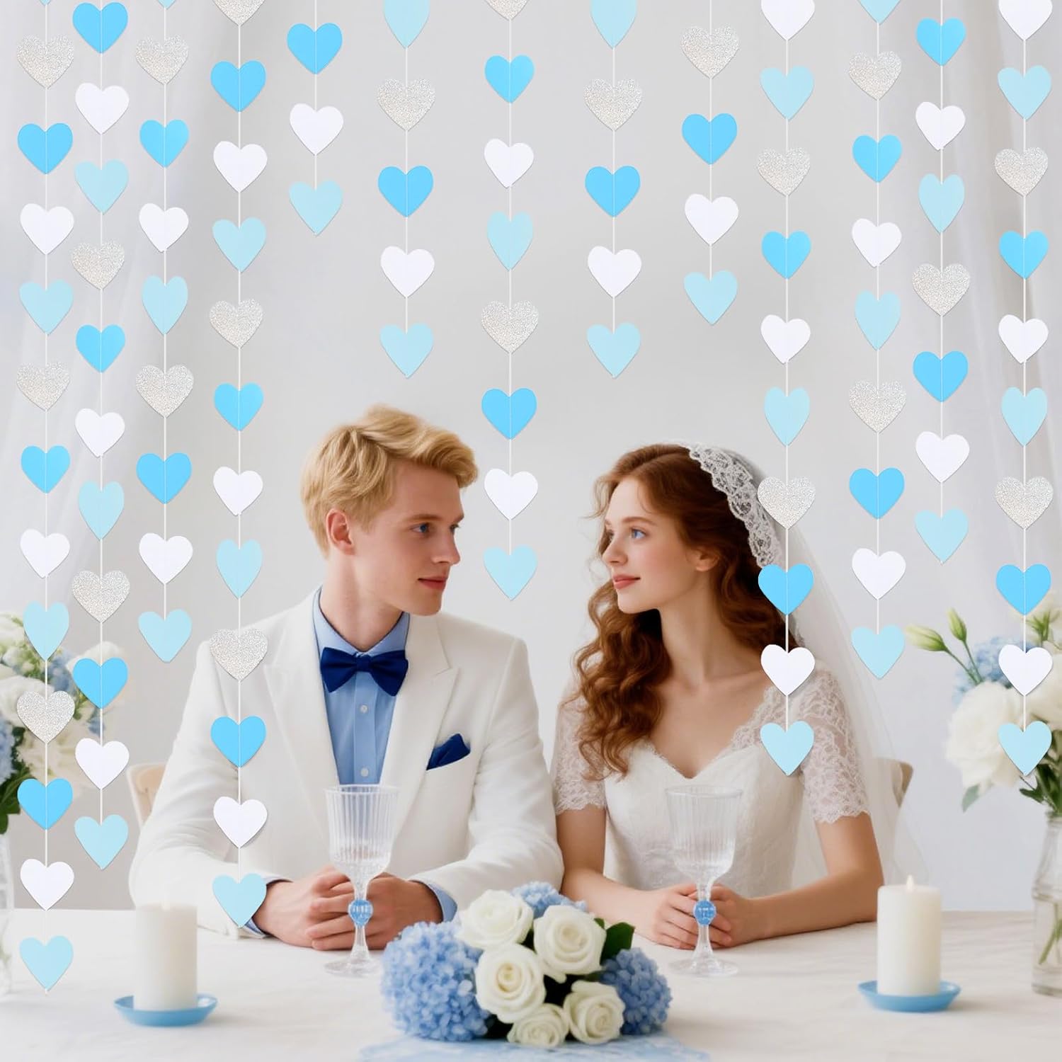 jijAcraft Heart Garland Black and White + Blue + Glitter Champagne Gold + White Champagne Gold