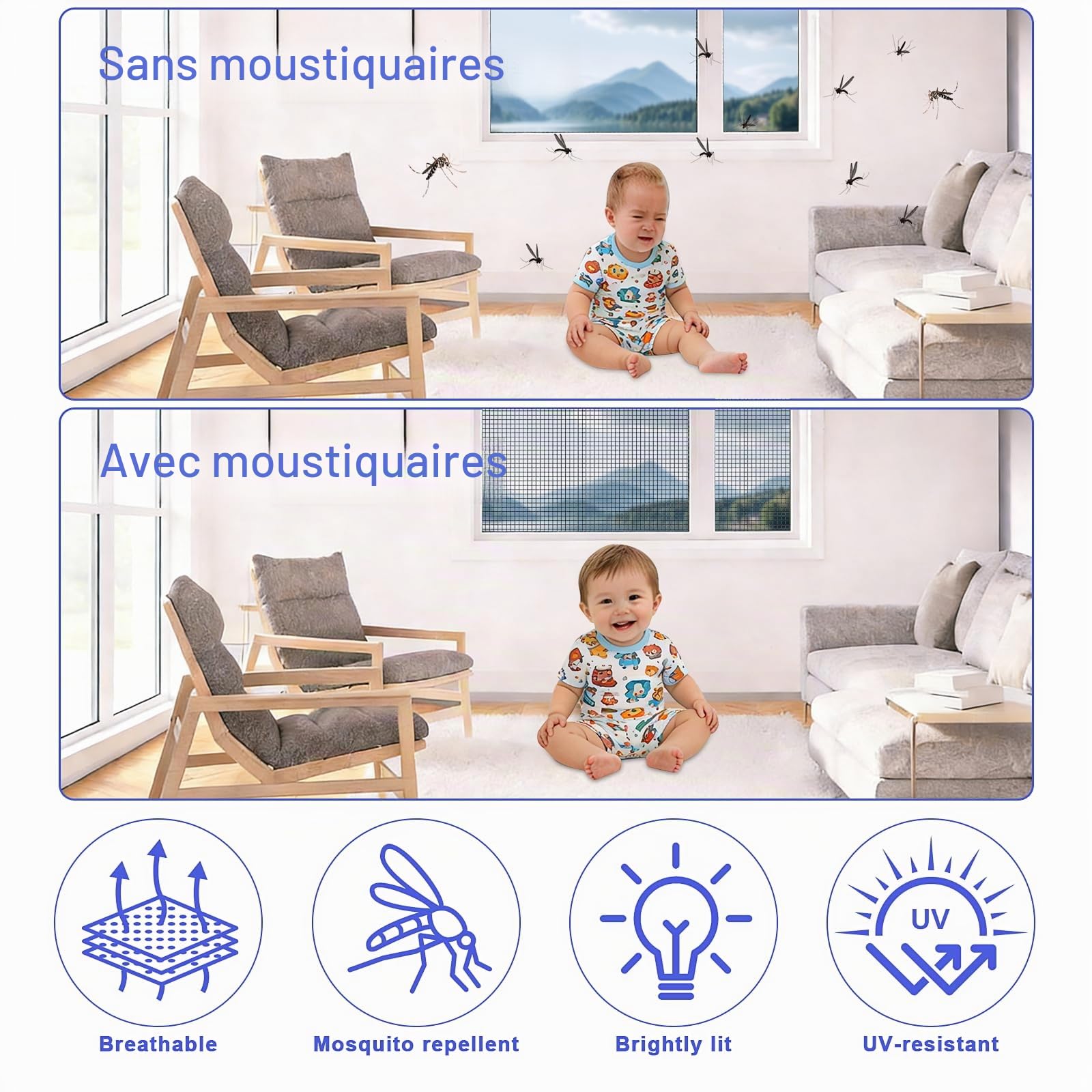 Moustiquaire de fenêtre 150x400 cm - Fibre de verre - Protection contre les insectes - Moustiquaire et grille de fenêtre - Robuste - Protection pour chats - Moustiquaire en gaze découpable pour