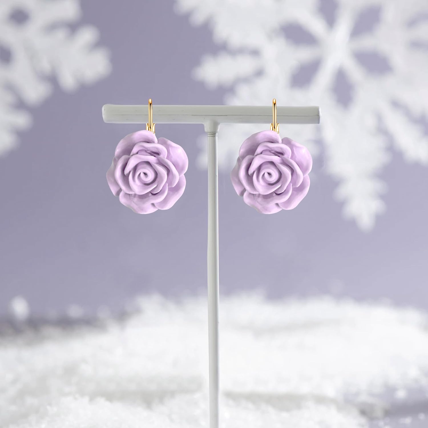 Handmade Bohemian Aesthetic Dainty Acrylic Flower Petal Leverback Earrings Sparkly 14K Gold Floral Dangle Drop Earrings for Women - Image 6