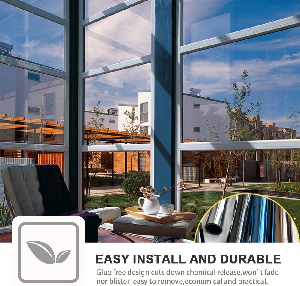 FILMGOO Window Film One Way Mirror Film Daytime Privacy Static Non-Adhesive Decorative Heat Control Anti UV Window Tint for Home and Office (Tee Silver - Image 5